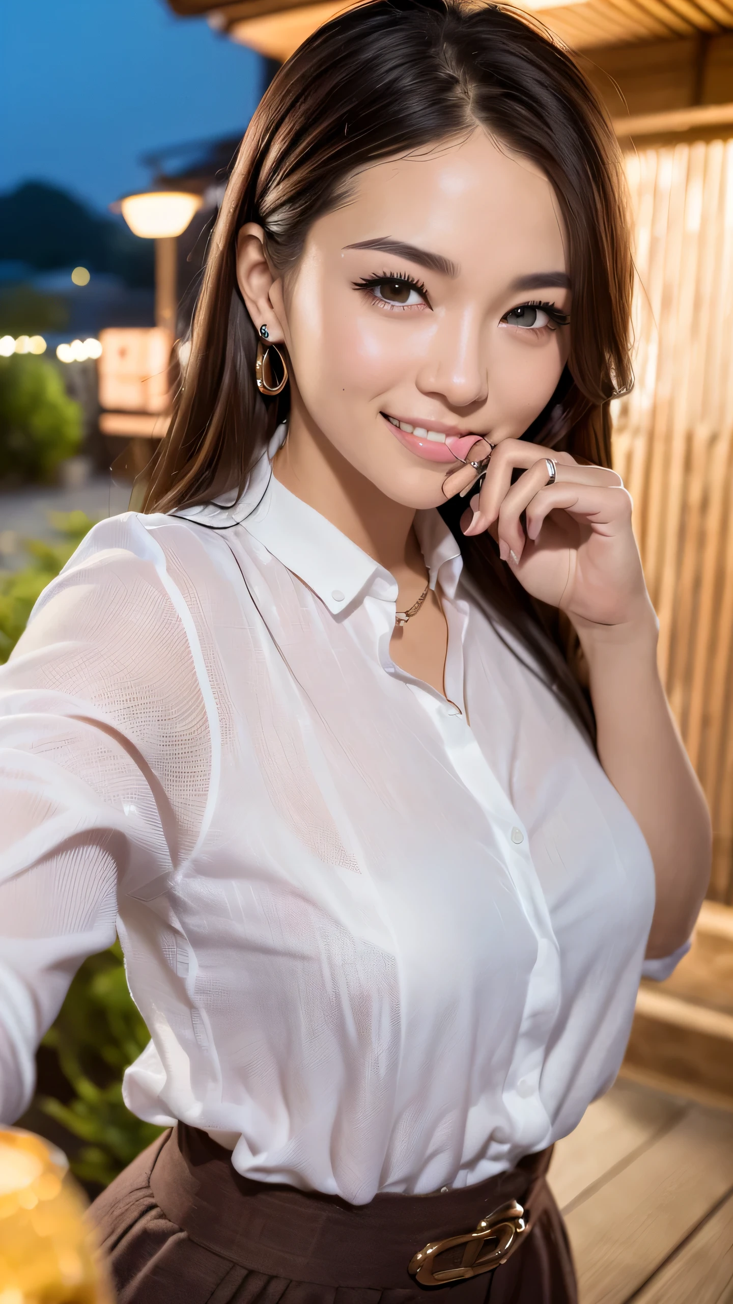 first person perspective, (masterpiece:1.3), High resolution, Super detailed, Highly detailed CG Unity 8k wallpaper, realistic, photo-realistic, RAW photo, beautiful and detailed face, white skin, realistic glistening skin, fine fabric texture, detailed hair texture, perfect body, beautiful face, Accurate, anatomically correct, Highly detailed face and skin texture, natural neck length, (beautiful hands), (Fair skin:1.2), thin legs, thin legs, neatly aligned teeth, break, fine eyes, symmetrical eyes, light brown eyes, double eyelid, thin eyebrows, (glossy lips:1.4), ((挑発的なsmile:1.2)), (blush:1.3), break, (classy and cute girl:1.3), (1 girl), (He is wearing an elegant light purple button shirt.:1.2), break, (ネイビーカラーのイレギュラーヘムlong skirt:1.2), (long skirt), medium breasts, (slender body shape:1.1), strong abdominal muscles, beautiful clavicle, (dark blonde hair, wavy hair, long hair:1.2), ((asymmetrical bangs:1.2)), ((put your hand around your mouth and whisper:1.3)), break, (standing leaning forward), ((in the outdoor 'Biergarten' of Japan at night:1.2)), (night), (night), (night), (upper body shot:1.2), looking at the viewer, From above:0.5,smile,laughter,A big smile,