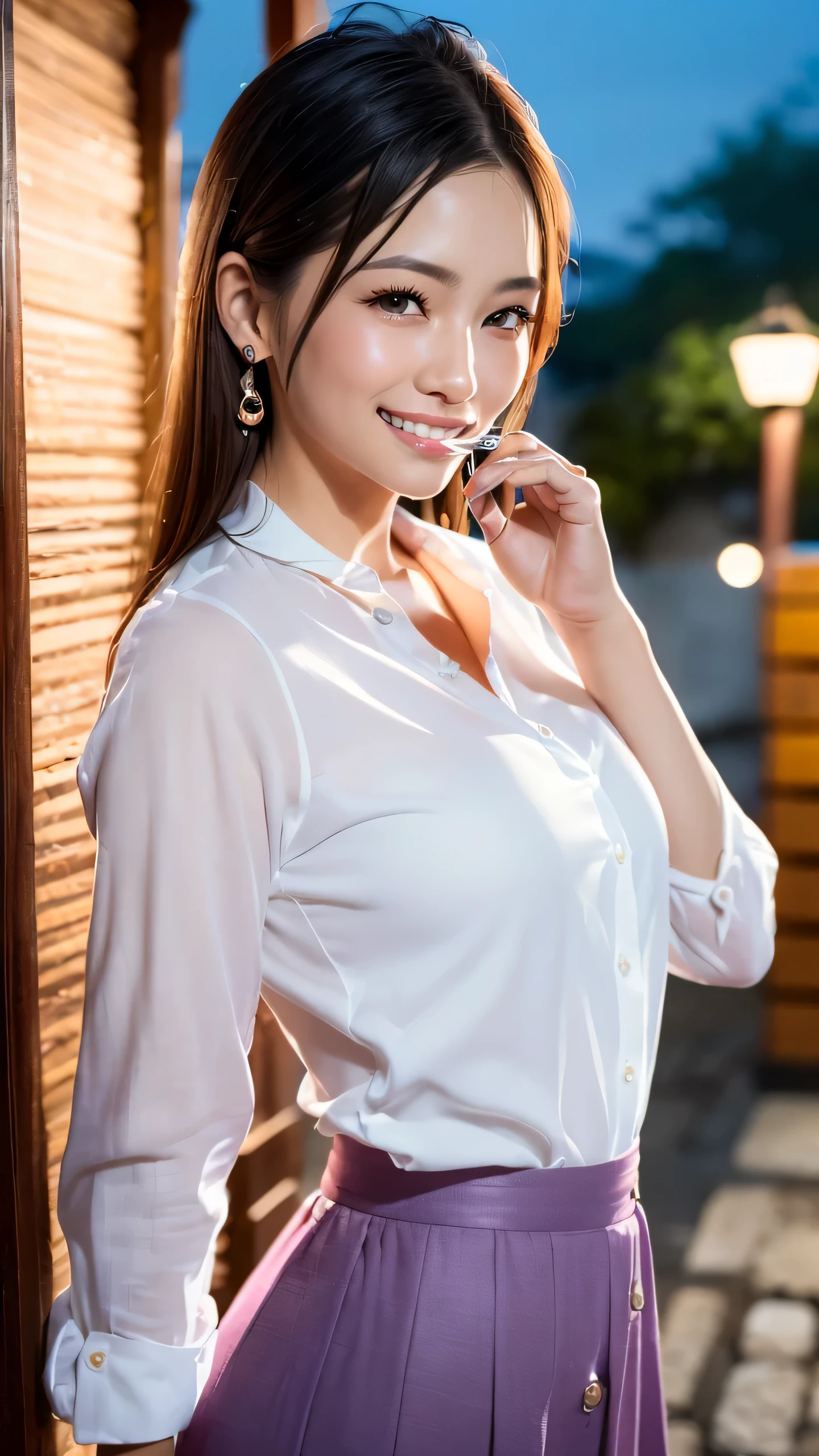 first person perspective, (masterpiece:1.3), High resolution, Super detailed, Highly detailed CG Unity 8k wallpaper, realistic, photo-realistic, RAW photo, beautiful and detailed face, white skin, realistic glistening skin, fine fabric texture, detailed hair texture, perfect body, beautiful face, Accurate, anatomically correct, Highly detailed face and skin texture, natural neck length, (beautiful hands), (Fair skin:1.2), thin legs, thin legs, neatly aligned teeth, break, fine eyes, symmetrical eyes, light brown eyes, double eyelid, thin eyebrows, (glossy lips:1.4), ((挑発的なsmile:1.2)), (blush:1.3), break, (classy and cute girl:1.3), (1 girl), (He is wearing an elegant light purple button shirt.:1.2), break, (ネイビーカラーのイレギュラーヘムlong skirt:1.2), (long skirt), medium breasts, (slender body shape:1.1), strong abdominal muscles, beautiful clavicle, (dark blonde hair, wavy hair, long hair:1.2), ((asymmetrical bangs:1.2)), ((put your hand around your mouth and whisper:1.3)), break, (standing leaning forward), ((in the outdoor 'Biergarten' of Japan at night:1.2)), (night), (night), (night), (upper body shot:1.2), looking at the viewer, From above:0.5,smile,laughter,A big smile,