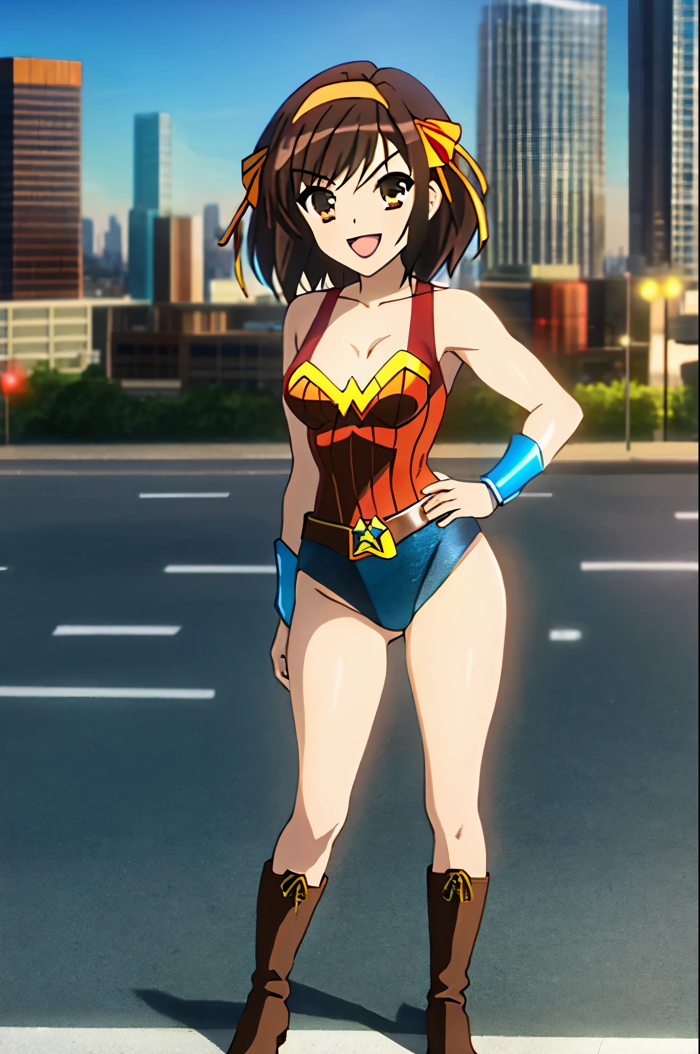 1girl, medium breasts, leotard, wonder woman leotard, tight belt, bare legs, boots, matching boots, bracelets, city backdrop, solo, single, standing, full body shot, cowboy shot, beautiful detailed eyes, haruhi, looking_at_viewer, smile, short_hair, open_mouth, bangs, brown_hair, ribbon, cleavage, brown_eyes, hair_ribbon, :d, hairband, medium_hair, v-shaped_eyebrows, orange_hairband, hand on hip