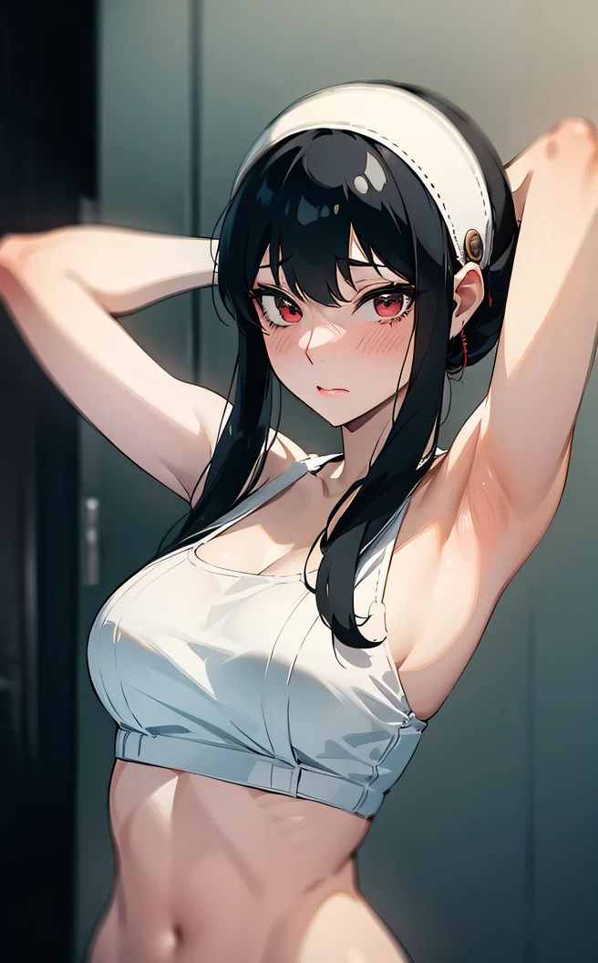 absurderes:1.8, realistic, Unity 8K Wallpaper, Masterpiece, detailed hair, highly detailed, realistic glistening skin、(dark-haired、short hair with long locks、white hairband、Red Eyes, No nape、medium breast), ((underwear:1.5, arms behind head:1.2)), (blush:1.3)、