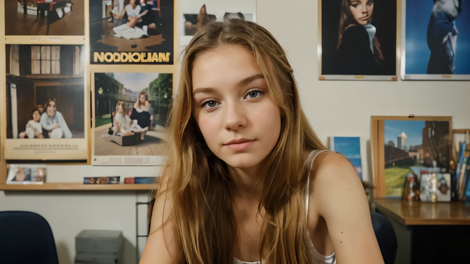 Real photo, Kodak 400 quality. Facing the camera sits, Young beautiful slender 20-year-old girl, long hair, blonde, blue eyes, nose slightly up, sits at a table in the studio room, the table office, in the background on the wall hangs a lot of posters with cats, kittens.