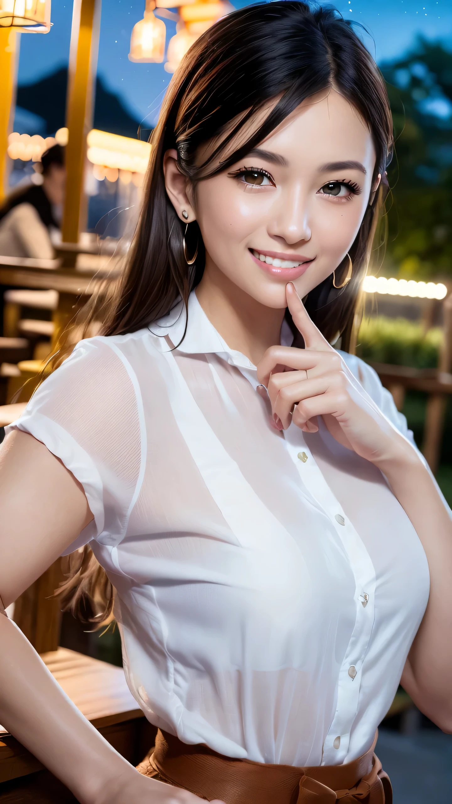 first person perspective, (masterpiece:1.3), High resolution, Super detailed, Highly detailed CG Unity 8k wallpaper, realistic, photo-realistic, RAW photo, beautiful and detailed face, white skin, realistic glistening skin, fine fabric texture, detailed hair texture, perfect body, beautiful face, Accurate, anatomically correct, Highly detailed face and skin texture, natural neck length, (beautiful hands), (Fair skin:1.2), thin legs, thin legs, neatly aligned teeth, break, fine eyes, symmetrical eyes, light brown eyes, double eyelid, thin eyebrows, (glossy lips:1.4), ((挑発的なsmile:1.2)), (blush:1.3), break, (classy and cute girl:1.3), (1 girl), (He is wearing an elegant light purple button shirt.:1.2), break, (ネイビーカラーのイレギュラーヘムlong skirt:1.2), (long skirt), medium breasts, (slender body shape:1.1), strong abdominal muscles, beautiful clavicle, (dark blonde hair, wavy hair, long hair:1.2), ((asymmetrical bangs:1.2)), ((put your hand around your mouth and whisper:1.3)), break, (standing leaning forward), ((in the outdoor 'Biergarten' of Japan at night:1.2)), (night), (night), (night), (upper body shot:1.2), looking at the viewer, From above:0.5,smile,laughter,A big smile,