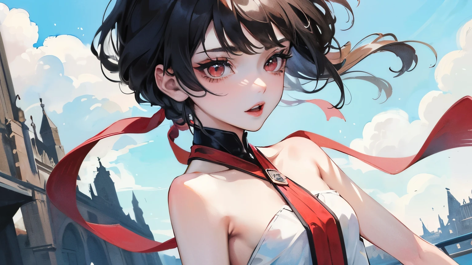 young girl black hair short hair red eyes irreverent face look down thin body thin thighs small breasts small ass toned body blue sky cloud hair blowing in the wind high quality High resolution 8k vampire watercolor natural feel bridge of the nose ((最high quality)), ((masterpiece)), (get used to it), dignified face grassland close up of face Beautiful as a goddess whole face lipstick eye shadow naked ID photo style one piece long eyelashes Accurate No decoration Bare skin No accessories In underwear 全naked 8 life size