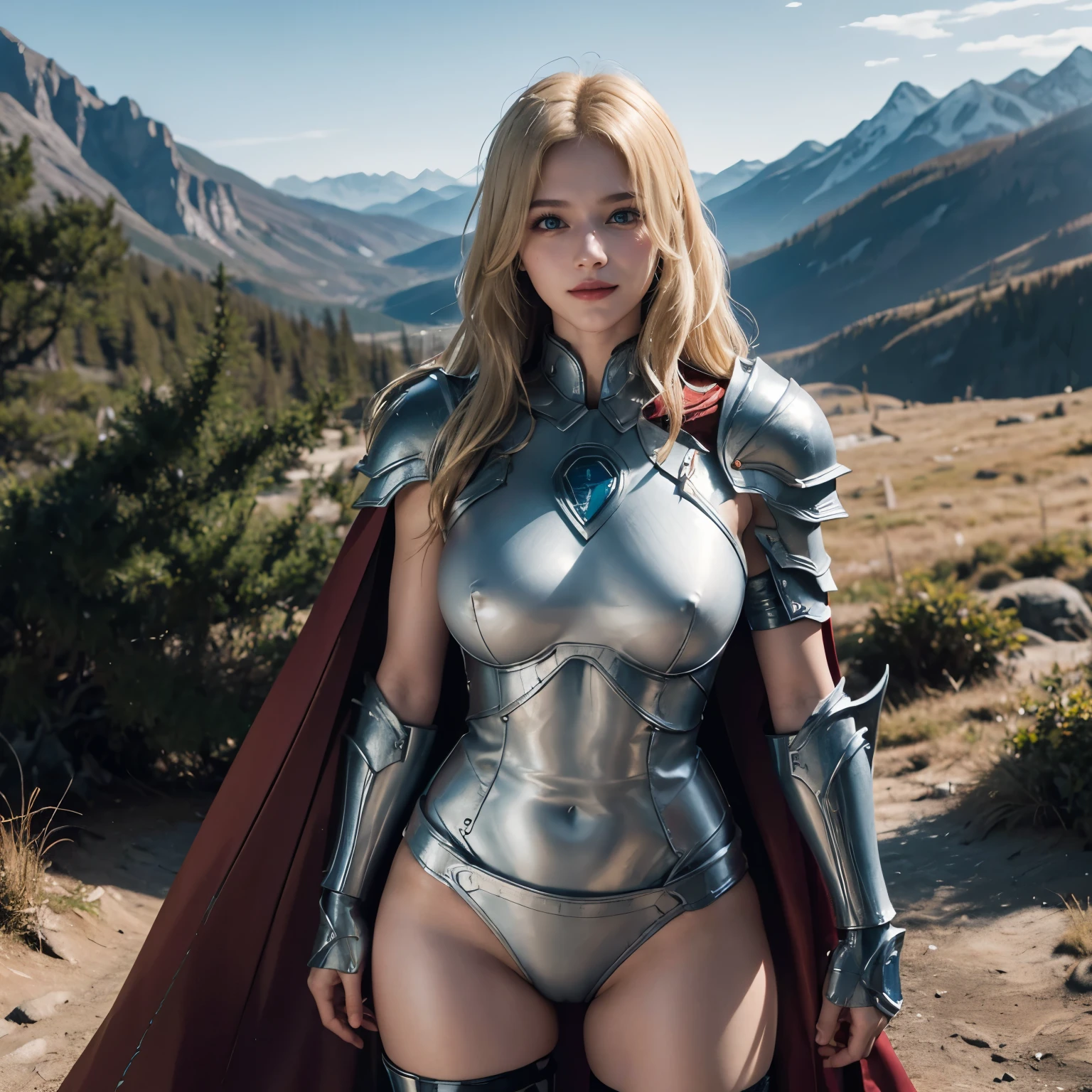 1girl, (Blue Eyes), (smiling :1.2), (Sana Minatozaki), wide hips, Big tits, big ass, (Best Quality, 8k, Masterpiece: 1.3), Clear Focus: 1.2, Perfect Body Beauty: 1.4, strong abs, Highly detailed face and skin texture, detailed eyes, double eyelids, (fitness body :1.3), muscle body :1.2, (blond long hair :1.1), skyrim, armor, shoulder armor, shoulder pads of steel, elbow pads of steel, greaves of steel, (red silk cape :1.2), standing, dynamic pose, in a pine forest, mountains in the background