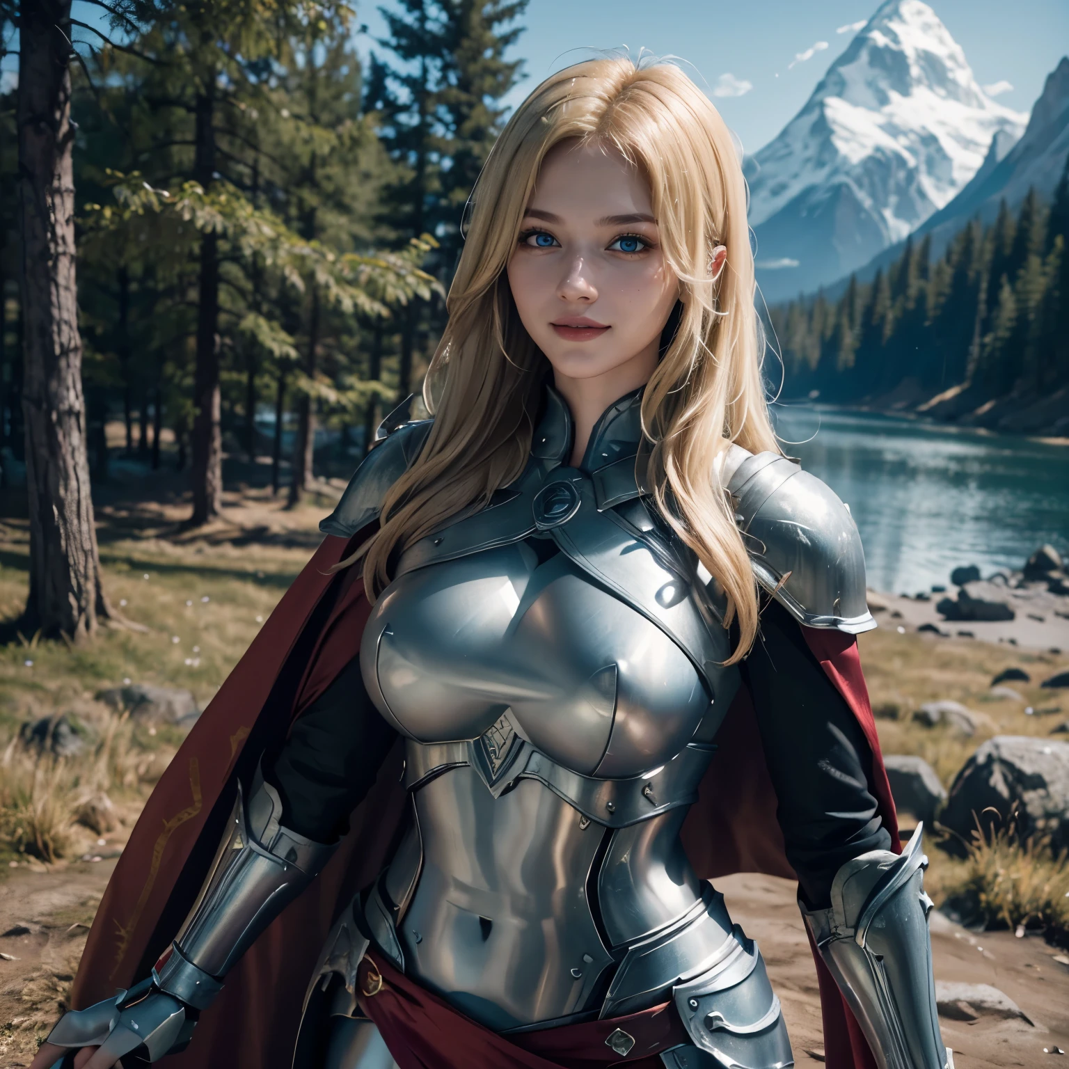 1girl, (Blue eyes), (smiling :1.2), (Sana Minatozaki), (((very wide hips))), Big tits, big ass, ((very thin waist: 1.2)), ((ultra detailed and toned legs :1.1)), (((very thick and toned thighs :1.1))), (Best Quality, 8k, Masterpiece: 1.3), Clear Focus: 1.2, Perfect Body Beauty: 1.4, Highly detailed face and skin texture, detailed eyes, double eyelids, (blonde long hair :1.2), skyrim, armor, shoulder armor, shoulder pads of steel, elbow pads of steel, greaves of steel, (red silk cape :1.2), standing, dynamic pose, in a pine forest, mountains in the background