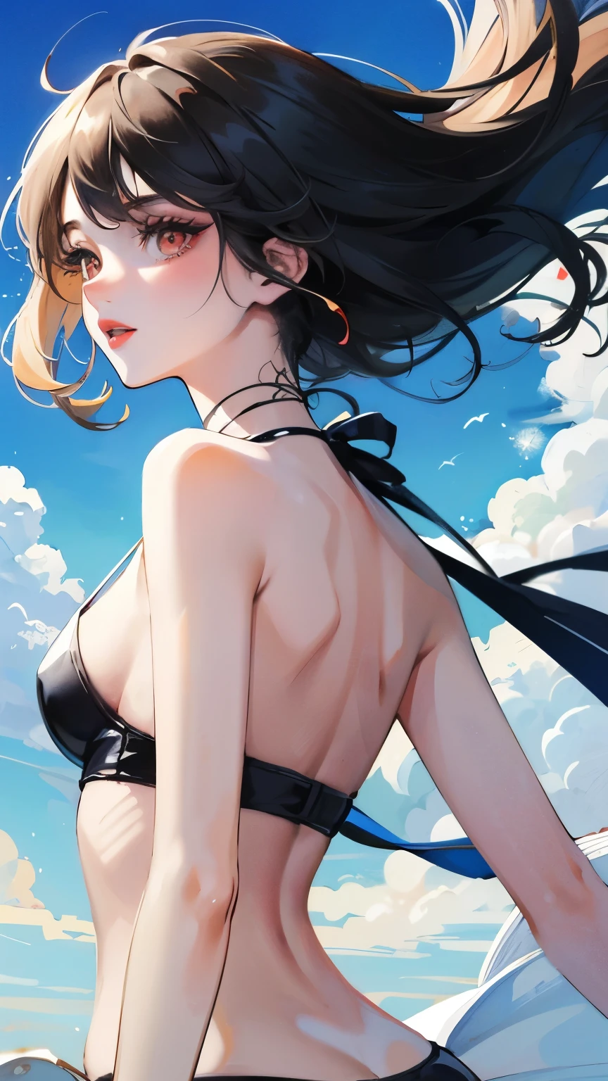 young girl black hair short hair red eyes irreverent face look down thin body thin thighs small breasts small ass toned body blue sky cloud hair blowing in the wind high quality High resolution 8k vampire watercolor natural feel bridge of the nose ((最high quality)), ((masterpiece)), (get used to it), dignified face grassland close up of face Beautiful as a goddess whole face lipstick eye shadow naked ID photo style one piece long eyelashes Accurate No decoration Bare skin No accessories In underwear 全naked 8 life size