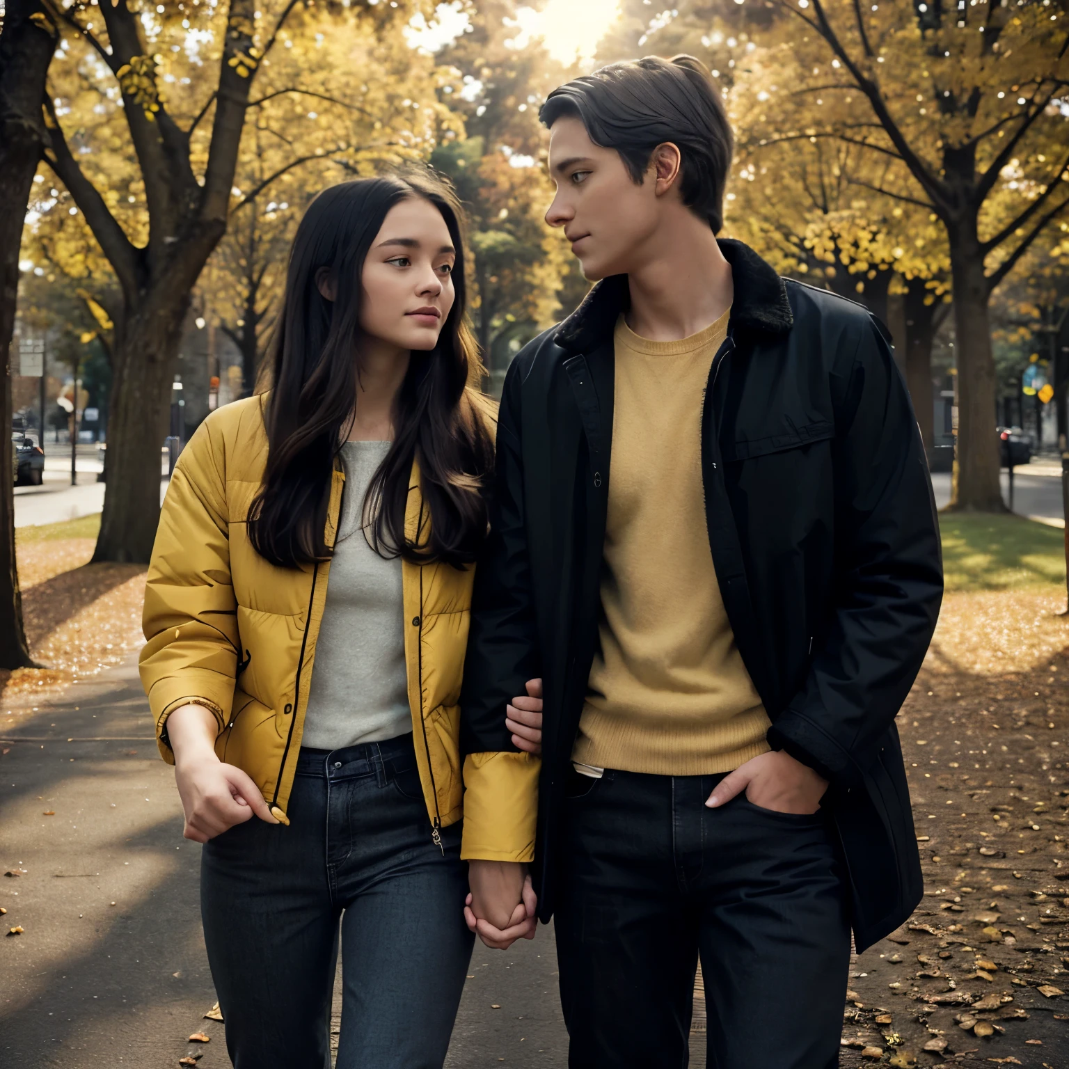 (high quality, Best quality)), Realistic, detailed, ((whole body))((1 girl)), blonde, detailed eyes, long hair, coat, fabric trousers, skin texture, pearl skin, ((1 man, Black short hair)), detailed eyes, ((holding hands)),((look at each other)), he's wearing a dark jacket, Jeans, Love, autumn, park, walk, complex background, A city in the distance, Scene, cinematic, Bright colors, world, Sun, Yellow_red,