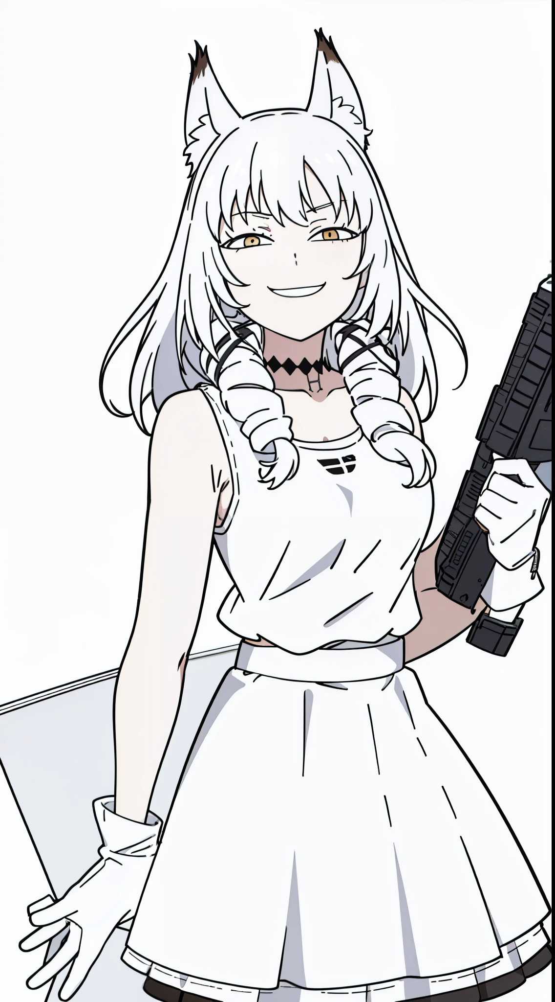 (1girl,20 years old,mature female),solo,white hair,fox ears,(white background,line drawing),upper body,white tank top,white skirt,white high pantyhose,white scarf,white gloves,bare belly,drillhair,smug