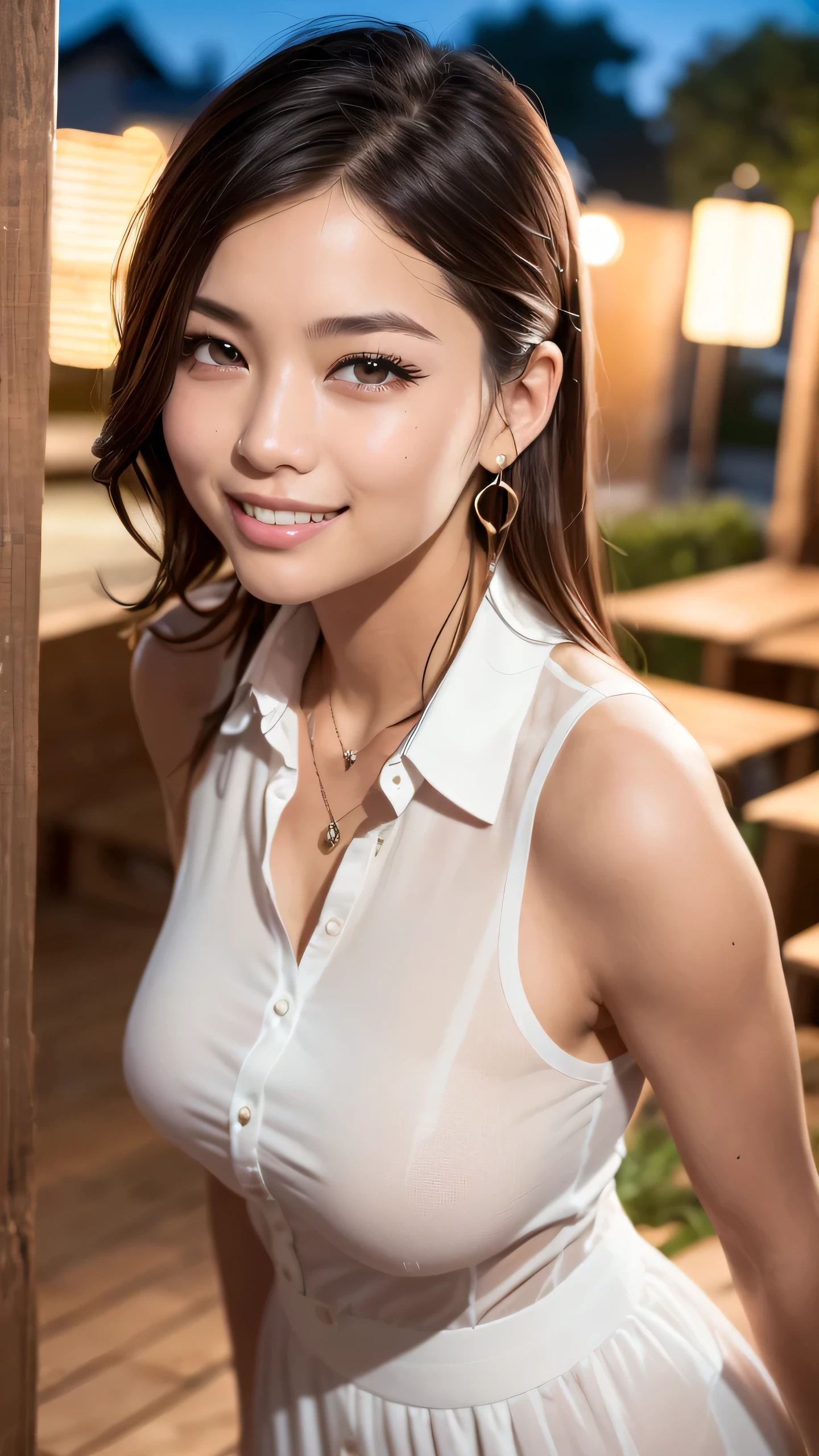 first person perspective, (masterpiece:1.3), High resolution, Super detailed, Highly detailed CG Unity 8k wallpaper, realistic, photo-realistic, RAW photo, beautiful and detailed face, white skin, realistic glistening skin, fine fabric texture, detailed hair texture, perfect body, beautiful face, Accurate, anatomically correct, Highly detailed face and skin texture, natural neck length, (beautiful hands), (Fair skin:1.2), thin legs, thin legs, neatly aligned teeth, break, fine eyes, symmetrical eyes, light brown eyes, double eyelid, thin eyebrows, (glossy lips:1.4), ((挑発的なsmile:1.2)), (blush:1.3), break, (classy and cute girl:1.3), (1 girl), (Wearing an elegant white button shirt:1.2), break, (ネイビーカラーのイレギュラーヘムlong skirt:1.2), (long skirt), medium breasts, (slender body shape:1.1), strong abdominal muscles, beautiful clavicle, (dark blonde hair, wavy hair, long hair:1.2), ((asymmetrical bangs:1.2)), break, (standing leaning forward), ((in the outdoor 'Biergarten' of Japan at night:1.2)), (night), (night), (night), (upper body shot:1.2), looking at the viewer, From above:0.5,smile,laughter,A big smile,