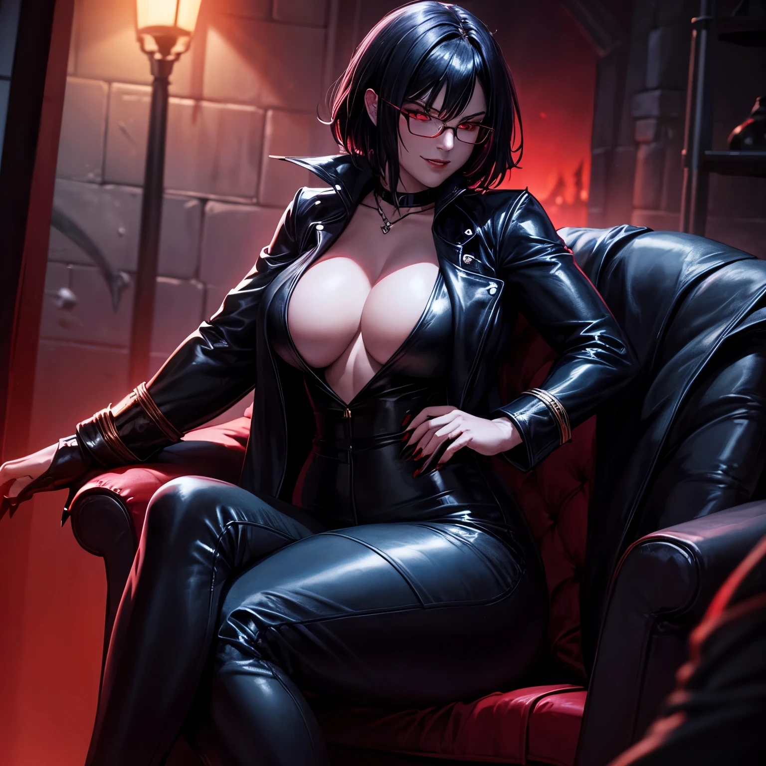 Fantasy, Night, Cinematic Scene - medium shot: dark lighting, a vampire with a curvy and athletic body, wearing a black trench coat, evil smirk, red eyes, seductive, sitting, shorthair, wearing red-rimmmed glasses, Highly detailed, 4K, Masterpiece, Cinematic Lighting, a light coming from behind, illuminating the vampire