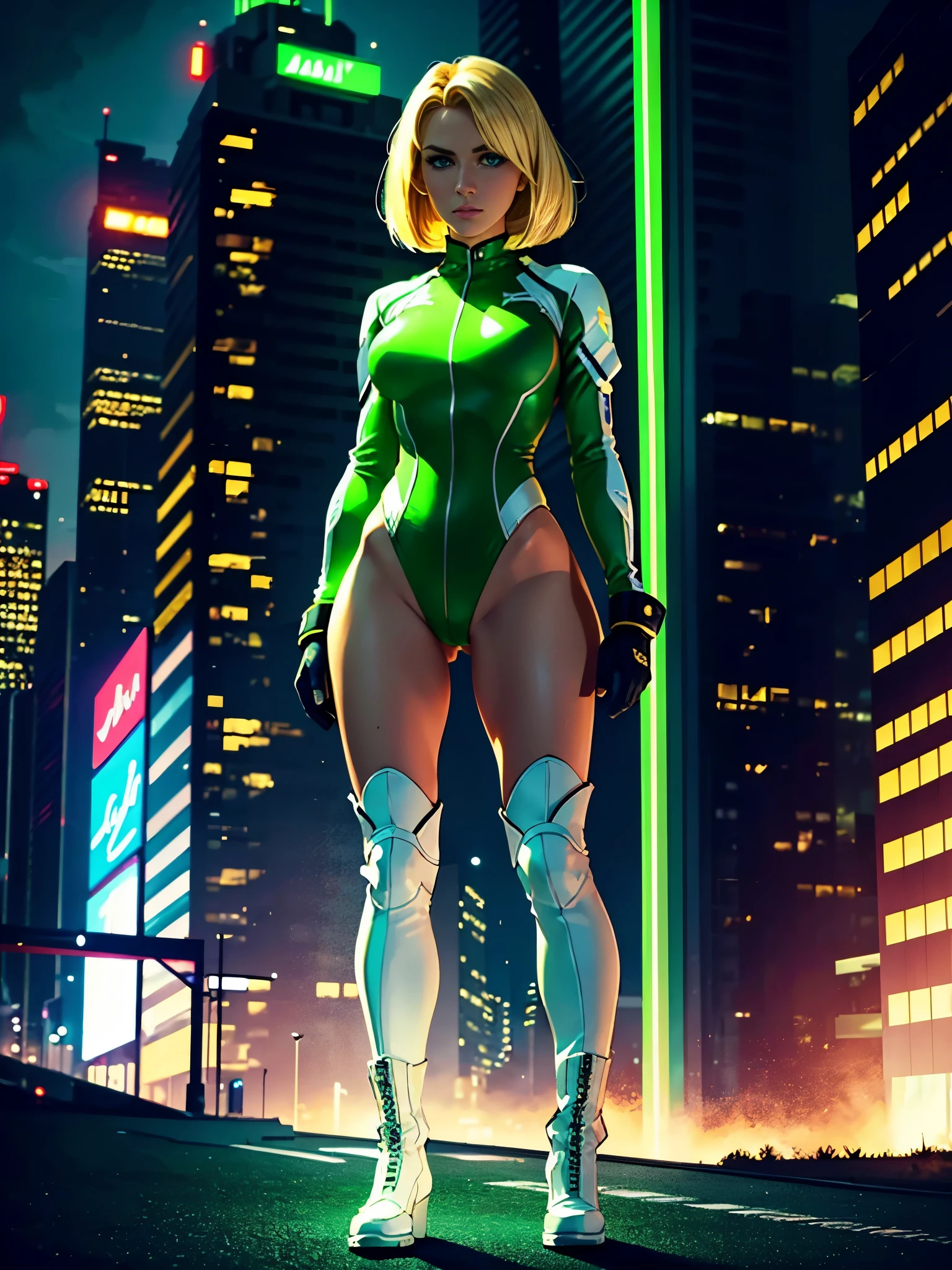 ((best quality)), ((masterpiece)), ((ultra realistic)), american blonde, beautiful detailed face, detailed eyes, sexy us military officer, us army officer, city backdrop, neon edge lighting, highly detailed, professional, dressed in a green and white leotard, neon edge lighting, highly detailed, professional, bare legs, full body, medium hair, bob hair, knee boots, long sleeves, standing, full body, medium hair, bob hair, solo, green eyes