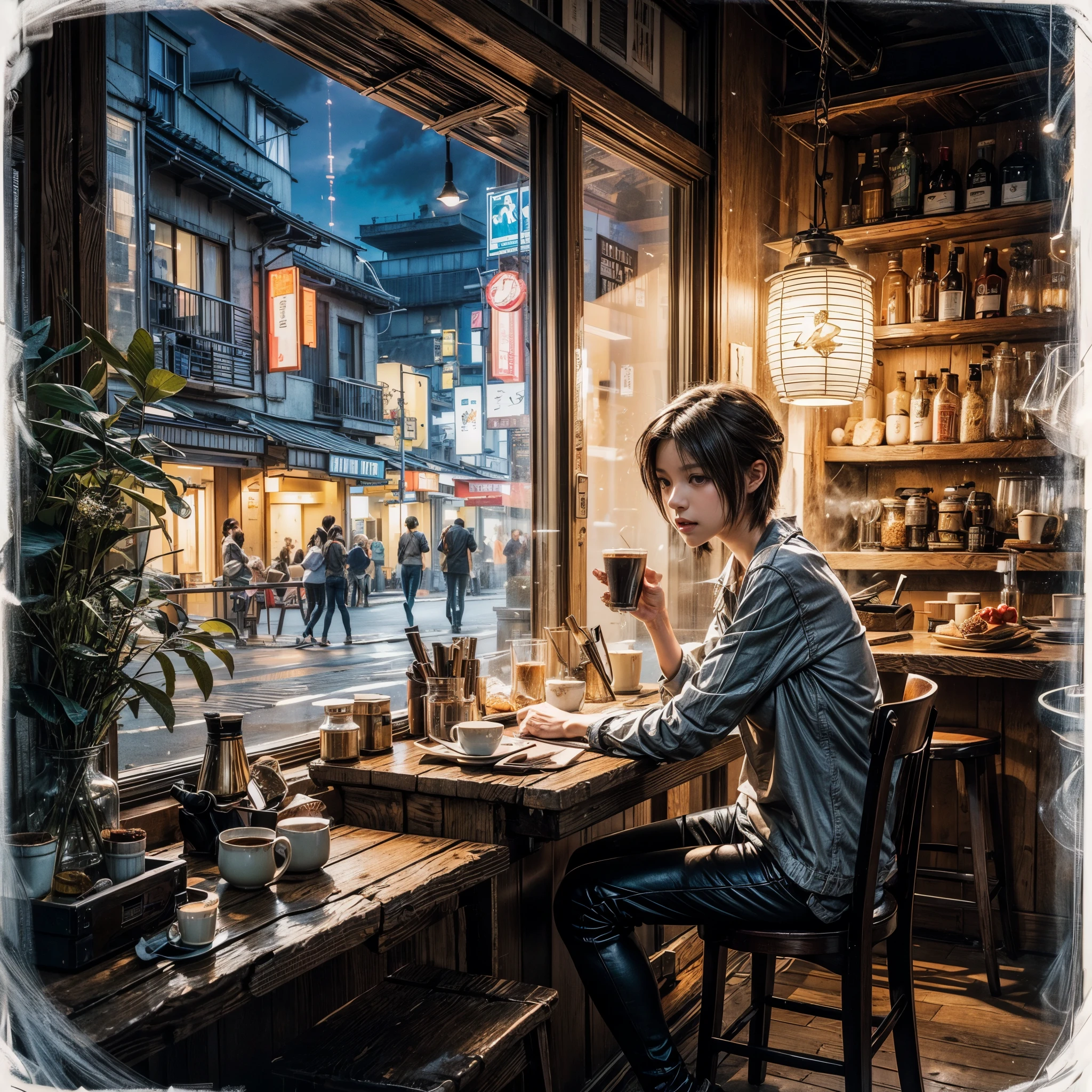 ((Meisterwerk, high quality, artgerm, artstation, perfect body)), Illustration einer Frau, die mit einer Tasse Kaffee an einem Tisch sitzt, ((young woman, tight clothes, beautiful)), style of Makoto Shinkai, in style of Makoto Shinkai, Tokio-Anime-Szene, Beautiful anime scene, Makoto Shinkai. digital render, ( ( Makoto Shinkai ) ), by Yuumei, Makoto Shinkai!, Sitting alone in a café