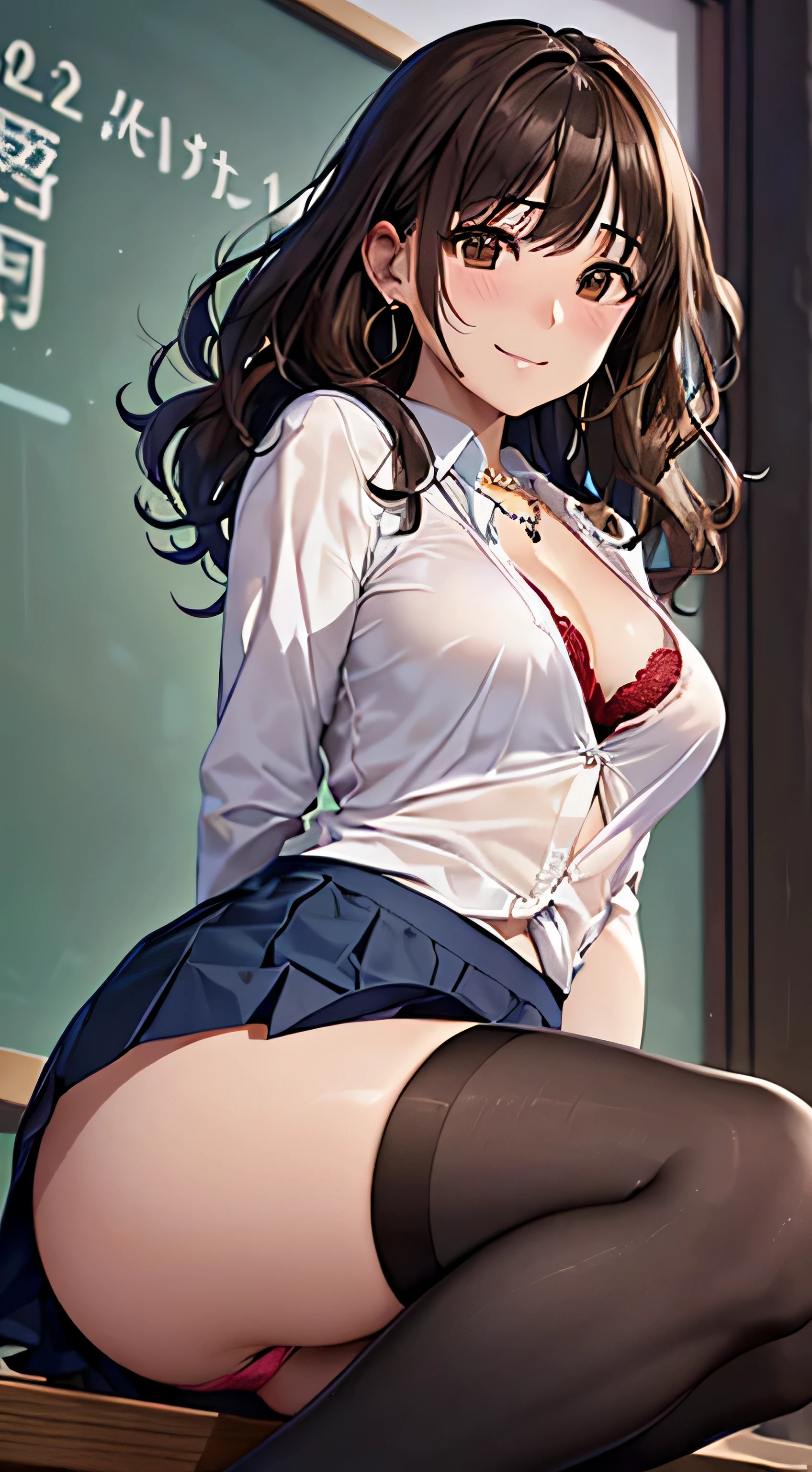 (table top, highest quality, High resolution, , perfect pixel, 4k,), 1 girl, single, alone, Beautiful woman、I could see the whole body、 ((wavy mid hair, bangs, brown hair)), ((brown eyes, beautiful eyelashes, realistic eyes)), ((detailed face, blush:1.2)), ((smooth texture:0.75, realistic texture:0.65, realistic:1.1, Anime CG style)), medium breasts, dynamic angle, perfect body, ((, female teacher, , earrings、necklace、white shirt with collar、Shirts without buttons、Dark blue flared skirt、black knee high stockings、open both legs wide、、shy smile、Sit on the floor、leaning forward)), Upper grade、、、evening、、(You can see the white and red lace panties and bra、、(Bring your chest and arms together、Lift up your skirt and show your panties、The wind blows up my skirt)、angle from below)、
