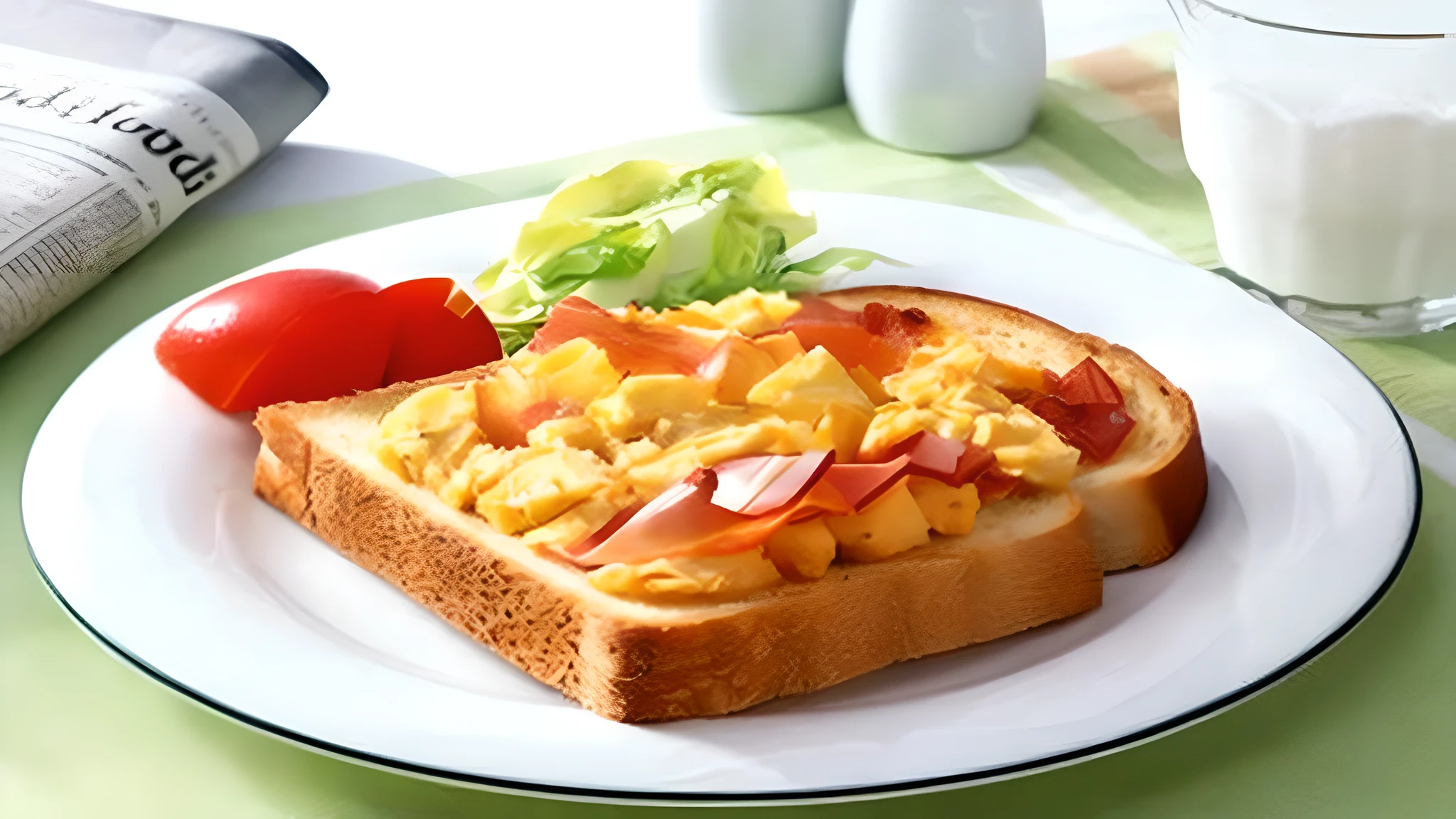 there is a plate with a sandwich and a glass of milk, hearty breakfast, artoast8p, toast, eggs, brown bread with sliced salo, by Arthur Pan, breakfast, by Kano Tan&#39;yū, by Yang Borun, sandwich, by Liao Chi-chun, egg, by Kiyoshi Yamashita, recipe