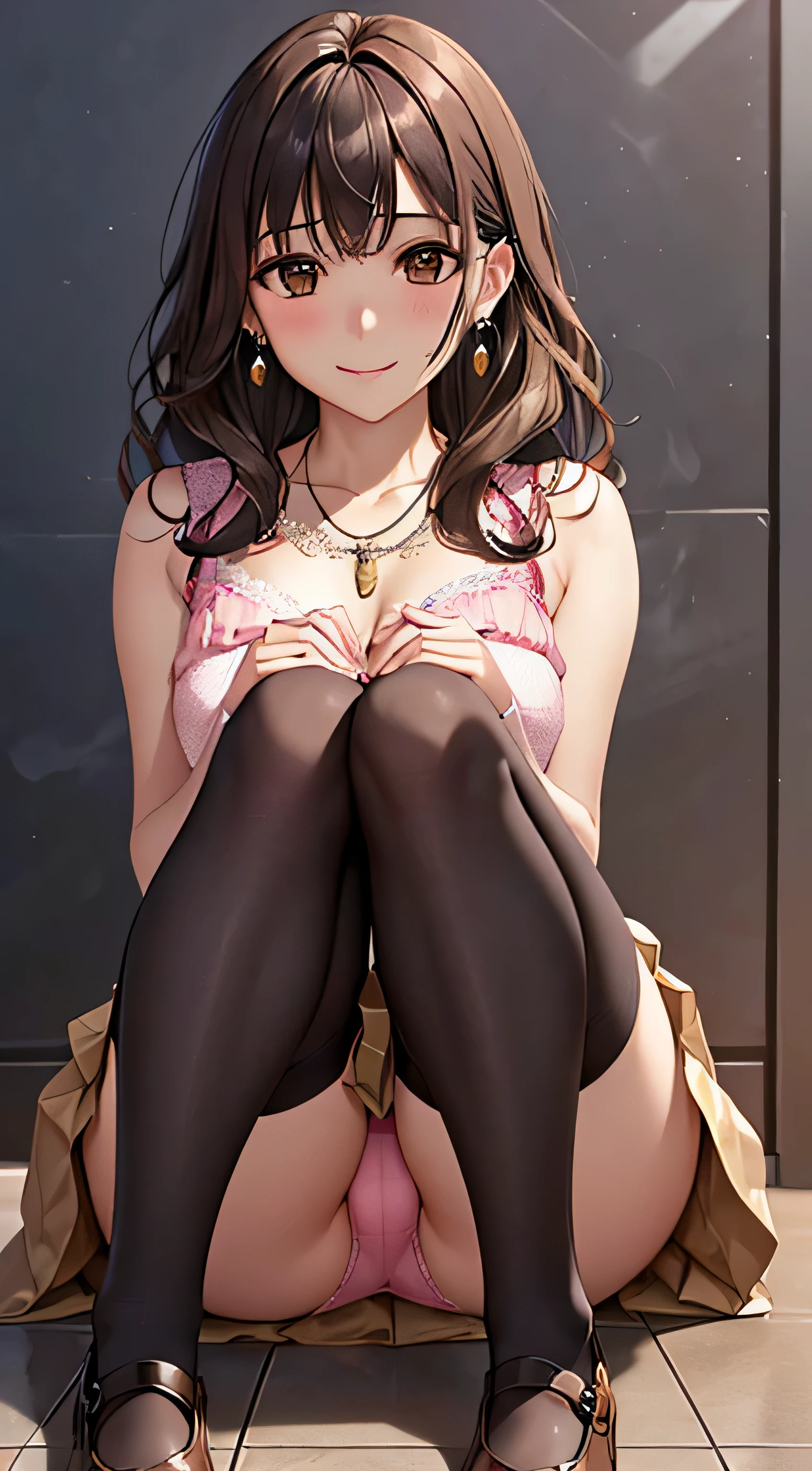 (table top, highest quality, High resolution, , perfect pixel, 4k,), 1 girl, single, alone, Beautiful woman、I could see the whole body、 ((Wavy mid-hair, bangs, brown hair)), ((brown eyes, beautiful eyelashes, realistic eyes)), ((detailed face, blush:1.2)), ((smooth texture:0.75, realistic texture:0.65, realistic:1.1, Anime CG style)), medium breasts, dynamic angle, perfect body, ((, female teacher, , earrings、necklace、、beige flared skirt、black knee high stockings、open both legs wide、、shy smile、Sit on the floor、leaning forward)), Upper grade、、、evening、、(pink lace panties are visible、、(Bring your chest and arms together、Lift up your skirt and show your panties、The wind blows up my skirt)、angle from below)、