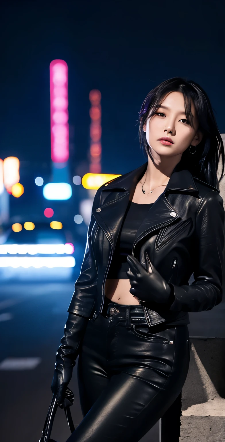 black leather rider jacket, office in the dark, Fingertips of black leather gloves on both hands,wearing black leather gloves,sitting in a black leather chair、 Japanese female new employee (black leather gloves cover both hands) (The angle is horizontal)、black leather leather pants,black leather black leather pants,black leather skinny pants、Long black leather boots on both feet、black hair ponytail ((He wears black leather gloves on his hands))Full body photo,full body shot full body full body leather suit,☺If you turn in this direction。wearing black leather gloves,wearing black leather gloves,wearing black leather gloves,wearing black leather gloves,wearing black leather gloves,wearing black leather gloves,黒のレザーパンツが美しい😍黒のレザーパンツが美しい😍黒のレザーパンツが美しい,😍I&#39;m smiling while looking at you,city lights、((neon cyberpunk city street:1.3))、(neon light)、detailed lighting、

best image quality、ultra high resolution、(realism:1.4)、korean beauty star、The most beautiful KPOP stars、face、horny korean makeup、A body that makes you want to touch it、realistic leather texture、Costume made of smooth leather fabric、The drape of the curved parts of the leather fabric、The costume has a strong shine、costume quality、8K photo quality、

The darkness of cyberspace lit up in blue,Complex structures in the background、full body photo