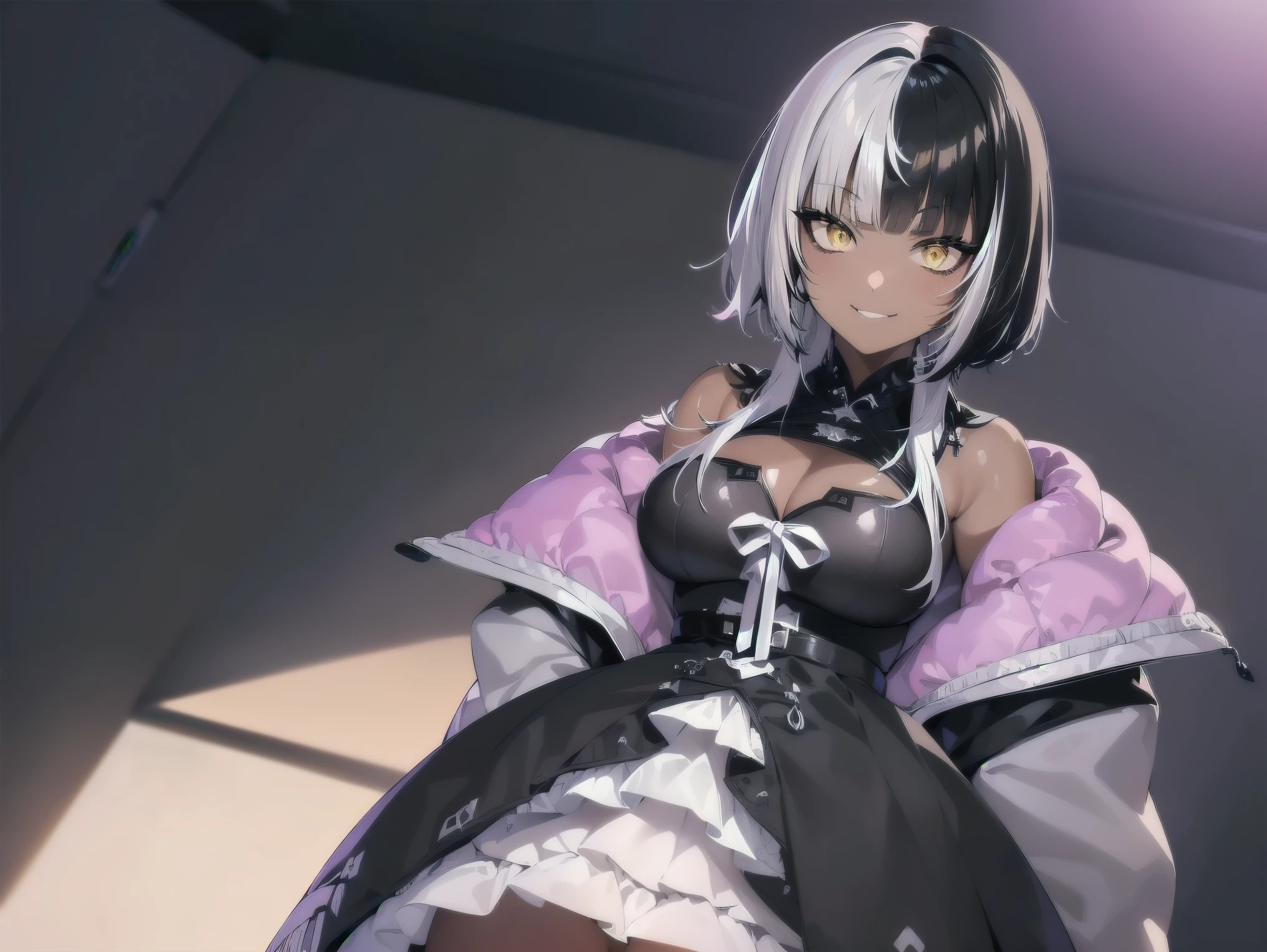 Concept art, ((CG)), ((1girl)), , ((((dark skin)))), ((((short white hair)))), (((blunt bangs))), yellow eyes, ((cabelo emaranhado)), ((((smilling)))), desleixada, ((melhor qualidade)), ((smilling kawai)), Kawai, ((obra de arte)), ((black dress)), (detalhado), rosto perfeito, ((style novel)), cores beautiful, ((((anime_collors)))).