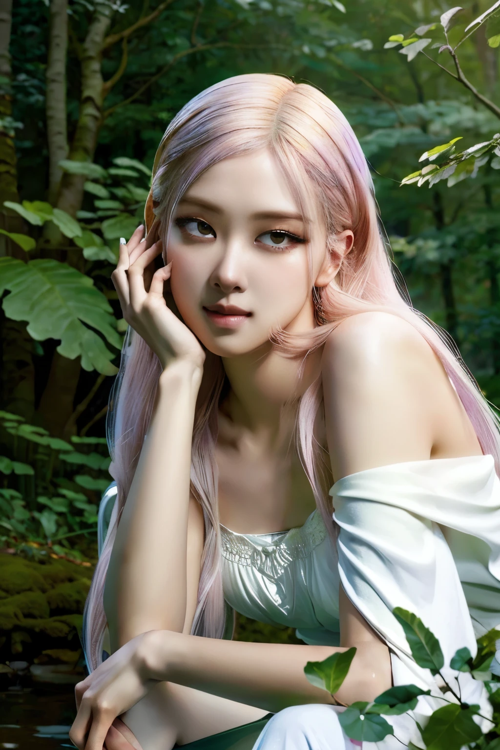 Rose from black pink, pink hair, (full body), (artistic + masterpiece:1.4), (incredibly detailed eyes), wearing medieval long cotton nightie clothes, Drenched hair,The background is a forest, sunset,Masterpiece: 1.3), (8k, Photorealistic, Photo RAW, Best quality: 1.4), (UHD), (Ultra high realism), (Ultra high definition), (Ultra high detail), (Realistic face), Beautiful hairstyle, Realistic bright amber eyes, Beautiful details, (Realistic skin), Pale, smooth and luminous skin with iridescent shine and no imperfections, Ultra high definition, Ultra realistic, Highly detailed, (Cleavage: 0.8), sitting on a rock, feet in the water, (masterpiece, best quality, award winning, highres), skinny, intricate and beautiful design, highly detailed beautiful face, super detailed beautiful eyes, light smile, sitting near stream, forest, leaves flow, windy, sun lights through forest, fantasy art, dynamic lighting, cinematic lighting, hyper realistic, extremely CG detail, octane render, (natural skin texture, hyperrealism, soft light, sharp:1.2)