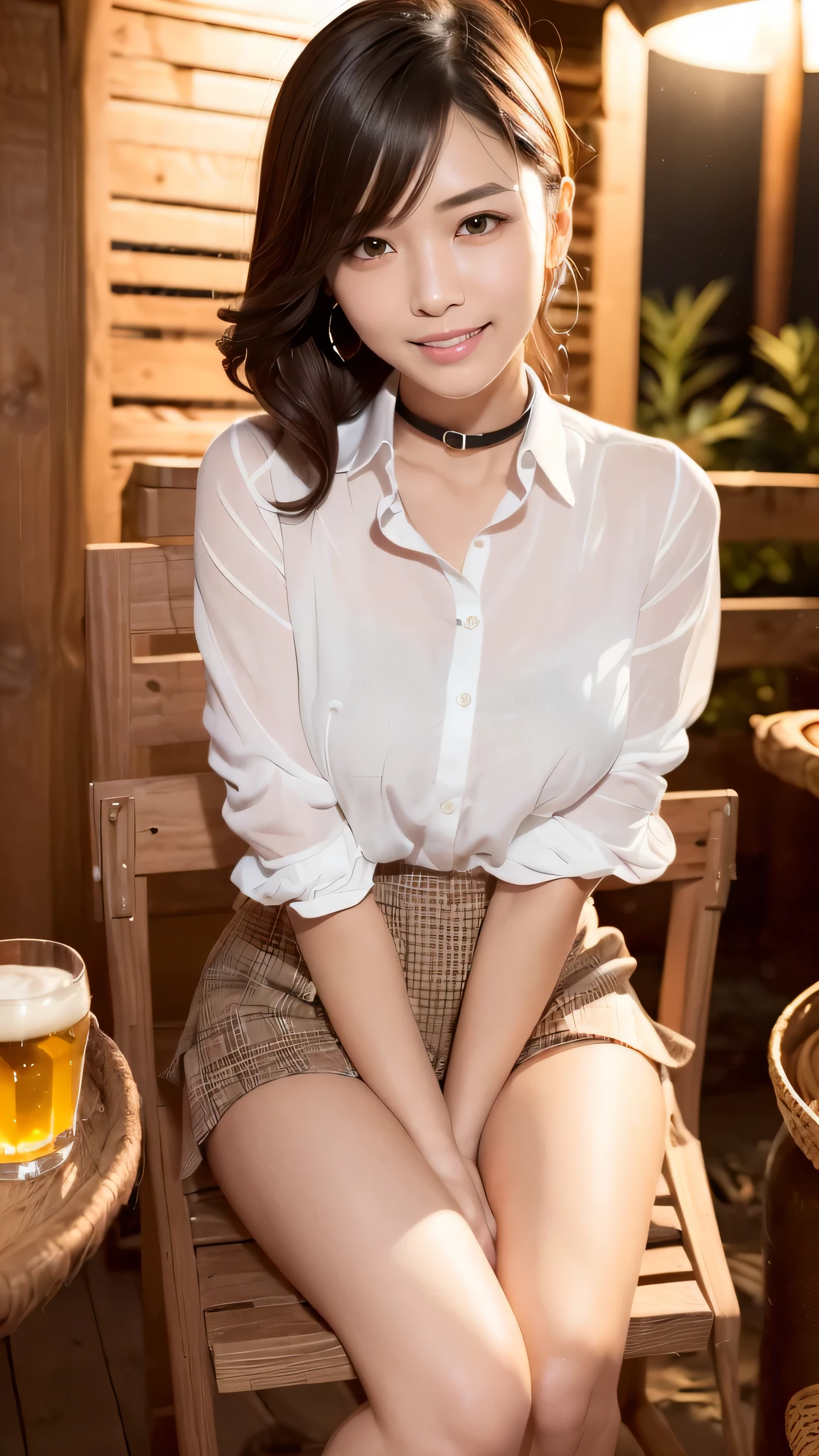 first person perspective, (masterpiece:1.3), High resolution, Super detailed, Highly detailed CG Unity 8k wallpaper, realistic, photo-realistic, RAW photo, beautiful and detailed face, white skin, realistic glistening skin, fine fabric texture, detailed hair texture, perfect body, beautiful face, Accurate, anatomically correct, Highly detailed face and skin texture, natural neck length, (beautiful hands), (Fair skin:1.2), thin legs, thin legs, neatly aligned teeth, break, fine eyes, symmetrical eyes, light brown eyes, double eyelid, thin eyebrows, (glossy lips:1.4), ((挑発的なsmile:1.2)), (blush:1.3), break, (classy and cute girl:1.3), (1 girl), (Wearing an elegant white button shirt:1.2), break, (ネイビーカラーのイレギュラーヘムミニskirt:1.2), (skirt), medium breasts, (slender body shape:1.1), strong abdominal muscles, beautiful clavicle, (dark blonde hair, wavy hair, long hair:1.2), ((asymmetrical bangs:1.2)), break, (sitting in a chair), ((in the outdoor 'Biergarten' of Japan at night:1.2)), (night), (night), (night), looking at the viewer, From above:0.5,smile,laughter,A big smile,cleavage、
