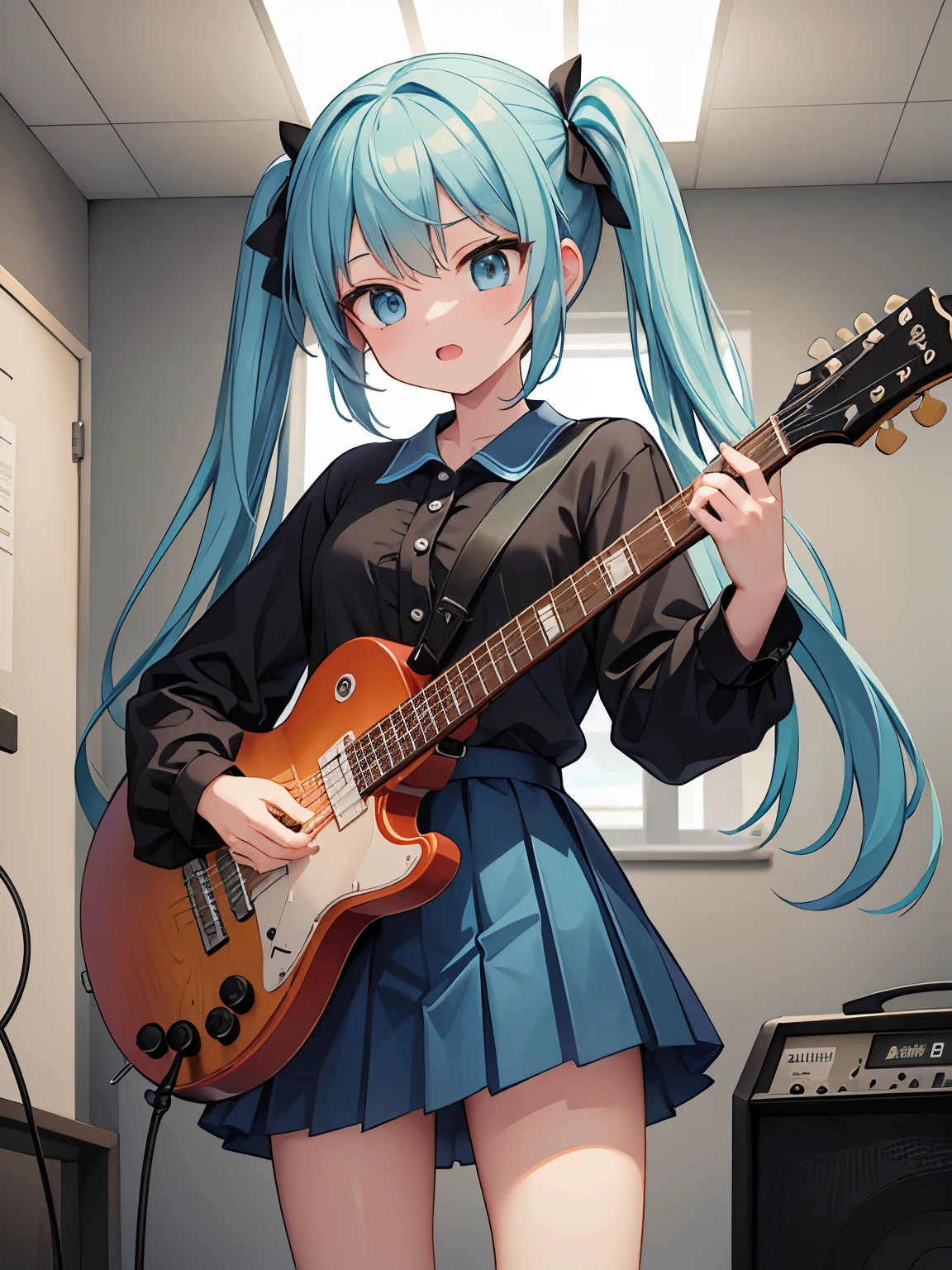 ((masterpiece, highest quality))1 girl, alone, black dress, blue eyes, electric guitar, guitar, headphones, double ponytail, holding, holding plectrum, musical instrument, long hair, music, one side up, teal hair, twin tails, guitarを弾く, pleated skirt, black shirt, interior