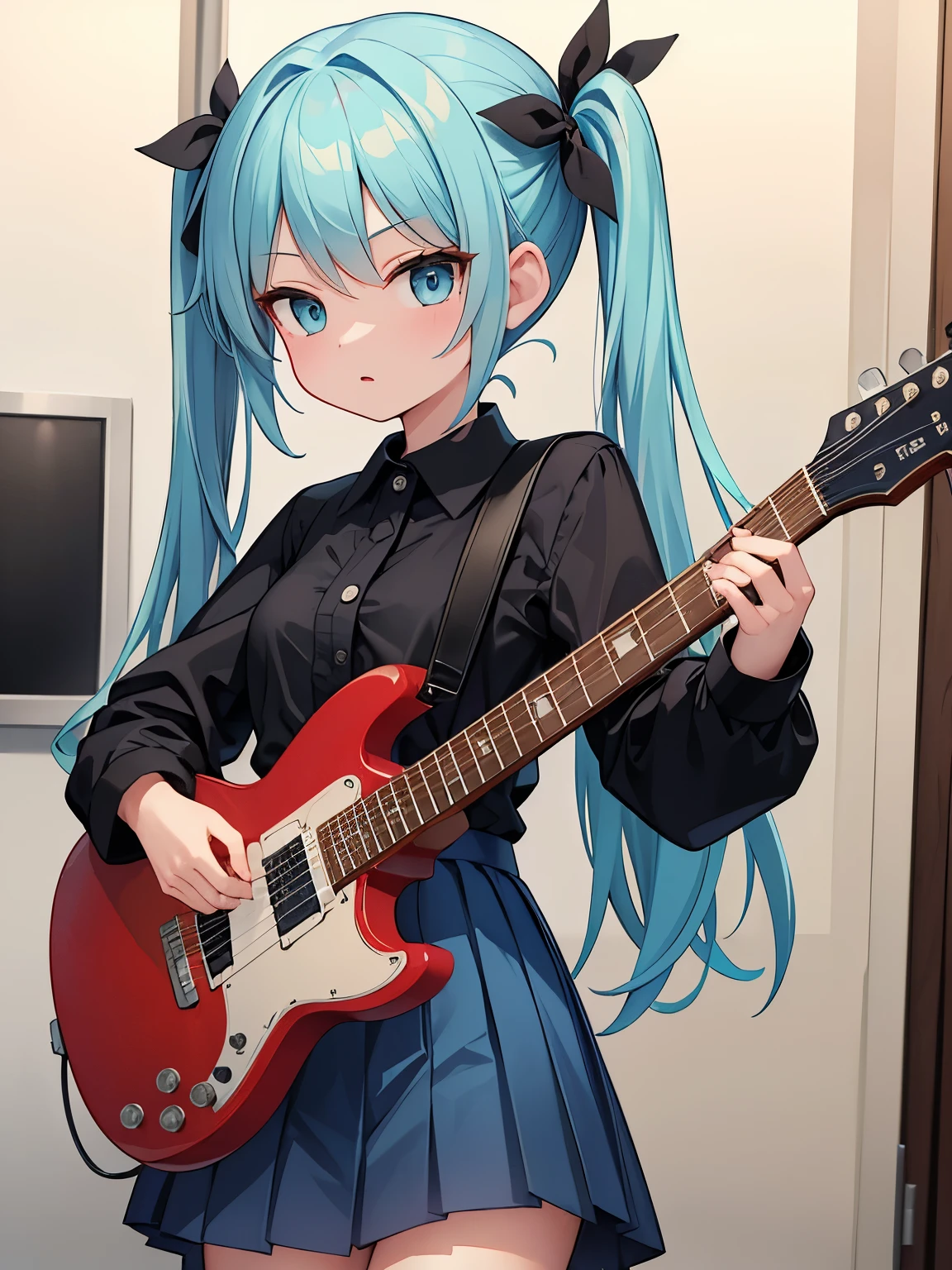 ((masterpiece, highest quality))1 girl, alone, black dress, blue eyes, electric guitar, guitar, headphones, double ponytail, holding, holding plectrum, musical instrument, long hair, music, one side up, teal hair, twin tails, guitarを弾く, pleated skirt, black shirt, interior
