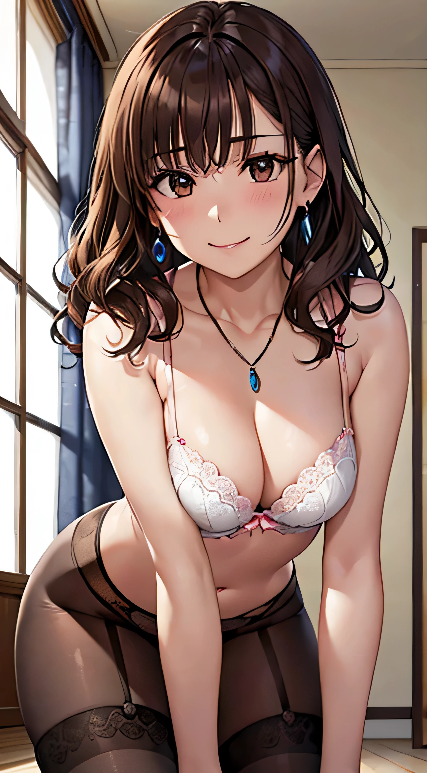 (table top, highest quality, High resolution, , perfect pixel, 4k,), 1 girl, single, alone, Beautiful woman、I could see the whole body、 ((Wavy mid-hair, bangs, brown hair)), ((brown eyes, beautiful eyelashes, realistic eyes)), ((detailed face, blush:1.2)), ((smooth texture:0.75, realistic texture:0.65, realistic:1.1, Anime CG style)), medium breasts, dynamic angle, perfect body, ((, female teacher, , earrings、necklace、、black knee high stockings、open both legs wide、、shy smile、Sit on the floor、leaning forward)), Upper grade、、、evening、、(You can see the white and pink lace panties and bra、、(Bring your chest and arms together、)、angle from below)、