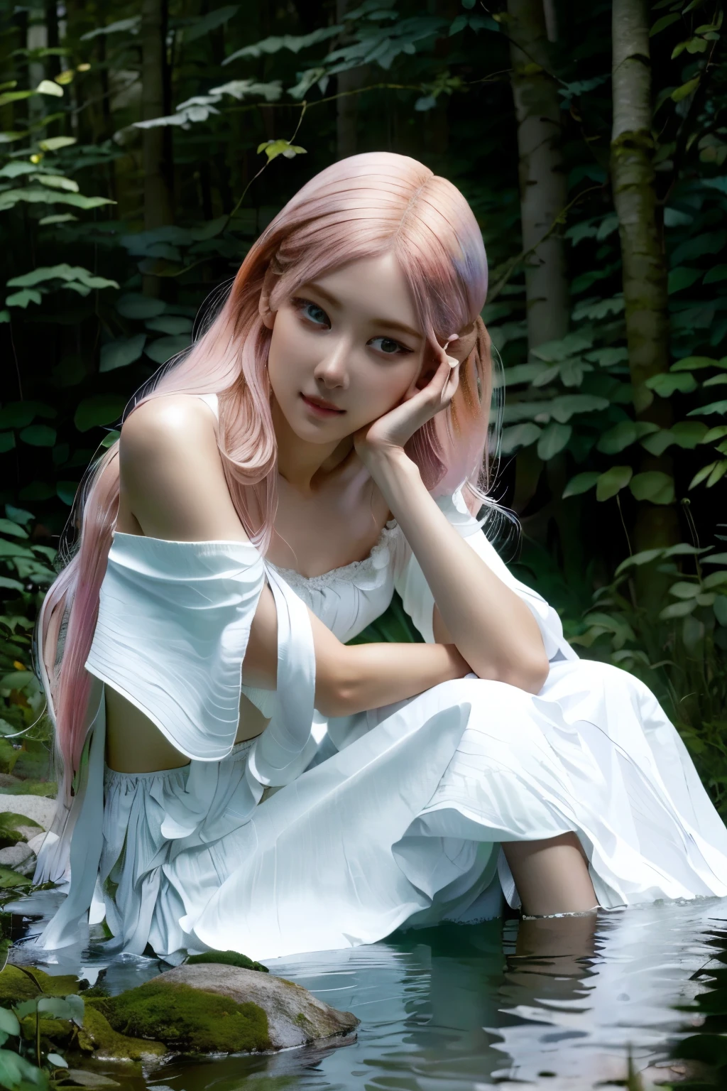 Rose from black pink, pink hair, (full body), (artistic + masterpiece:1.4), (incredibly detailed eyes), wearing medieval long cotton nightie clothes, Drenched hair，The background is a forest, sunset，Masterpiece: 1.3), (8k, Photorealistic, Photo RAW, Best quality: 1.4), (UHD), (Ultra high realism), (Ultra high definition), (Ultra high detail), (Realistic face), Beautiful hairstyle, Realistic bright amber eyes, Beautiful details, (Realistic skin), Pale, smooth and luminous skin with iridescent shine and no imperfections, Ultra high definition, Ultra realistic, Highly detailed, (Cleavage: 0.8), sitting on a rock, feet in the water, (masterpiece, best quality, award winning, highres), skinny, intricate and beautiful design, highly detailed beautiful face, super detailed beautiful eyes, light smile, sitting near stream, forest, leaves flow, windy, sun lights through forest, fantasy art, dynamic lighting, cinematic lighting, hyper realistic, extremely CG detail, octane render, (natural skin texture, hyperrealism, soft light, sharp:1.2)