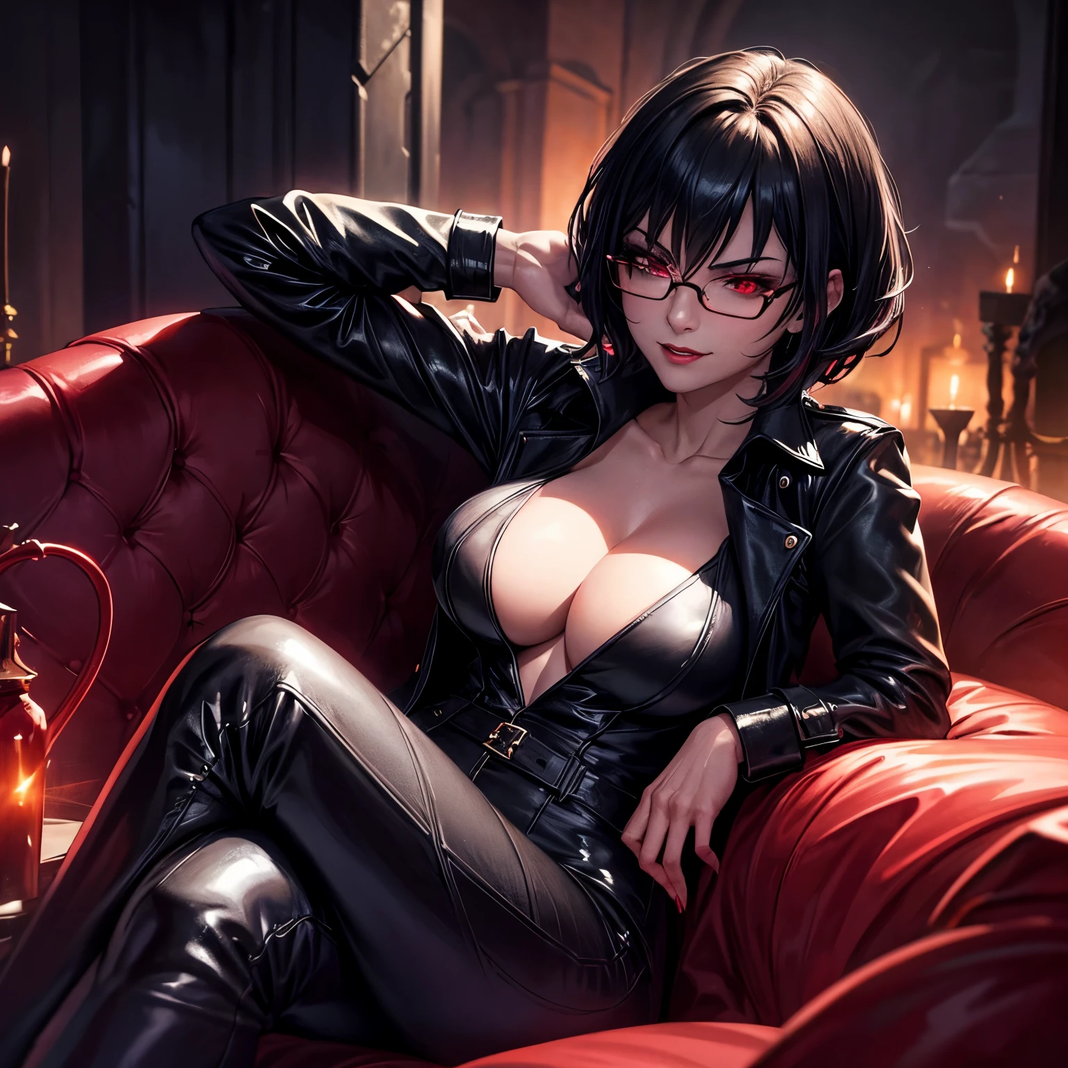 Fantasy, Night, Cinematic Scene - medium shot: dark lighting, a vampire with a curvy and athletic body, wearing a black trench coat, evil smirk, red eyes, seductive, sitting, shorthair, wearing red-rimmmed glasses, Highly detailed, 4K, Masterpiece, Cinematic Lighting, a light coming from behind, illuminating the vampire