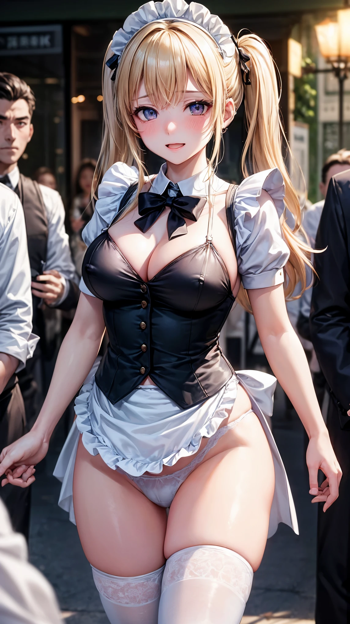 ((highest quality、High resolution、8K、masterpiece:1.3))、1 girl、unparalleled beauty、ultimate beauty、super detailed face、delicate eyes、smile、sexy look、Depth of the bounds written、light particles、side light、((blonde、maid、maid服、white panties))、(((expression of ecstasy、Looks embarrassed、Making sexual advances in a busy public place)))、perfect body、beautiful breasts、nipple、tits、Thighhighs、thighs