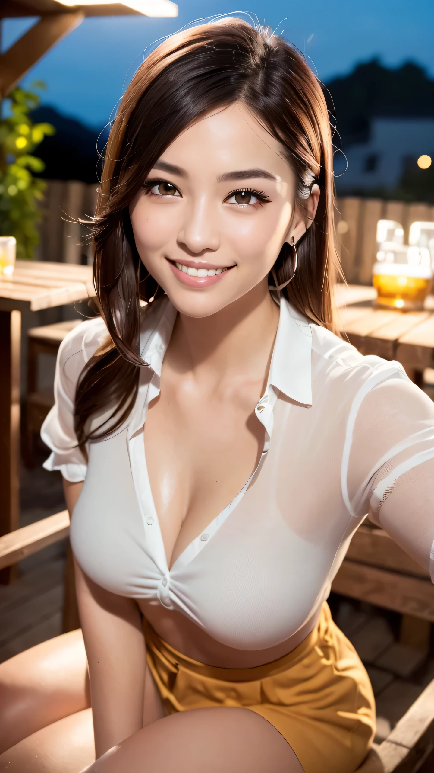 first person perspective, (masterpiece:1.3), High resolution, Super detailed, Highly detailed CG Unity 8k wallpaper, realistic, photo-realistic, RAW photo, beautiful and detailed face, white skin, realistic glistening skin, fine fabric texture, detailed hair texture, perfect body, beautiful face, Accurate, anatomically correct, Highly detailed face and skin texture, natural neck length, (beautiful hands), (Fair skin:1.2), thin legs, thin legs, neatly aligned teeth, break, fine eyes, symmetrical eyes, light brown eyes, double eyelid, thin eyebrows, (glossy lips:1.4), ((挑発的なsmile:1.2)), (blush:1.3), break, (classy and cute girl:1.3), (1 girl), (Wearing an elegant white button shirt:1.2), break, (ネイビーカラーのイレギュラーヘムミニskirt:1.2), (skirt), medium breasts, (slender body shape:1.1), strong abdominal muscles, beautiful clavicle, (dark blonde hair, wavy hair, long hair:1.2), ((asymmetrical bangs:1.2)), break, (sitting in a chair), ((in the outdoor 'Biergarten' of Japan at night:1.2)), (night), (night), (night), looking at the viewer, From above:0.5,smile,laughter,A big smile,cleavage、Cheers Pose、holding a beer mug、bathe in beer、Sweat
