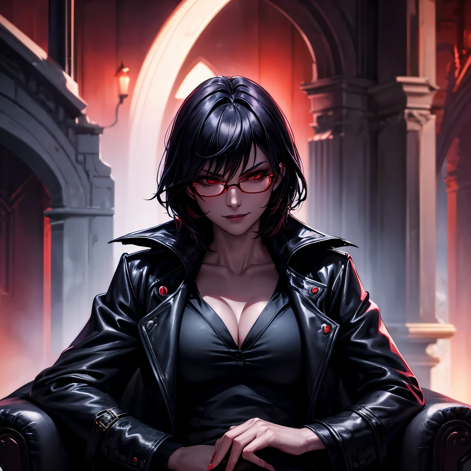 Fantasy, Night, Cinematic Scene - medium shot: dark lighting, a vampire with a curvy and athletic body, wearing a black trench coat, evil smirk, red eyes, seductive, sitting, shorthair, wearing red-rimmmed glasses, Highly detailed, 4K, Masterpiece, Cinematic Lighting, a light coming from behind, illuminating the vampire