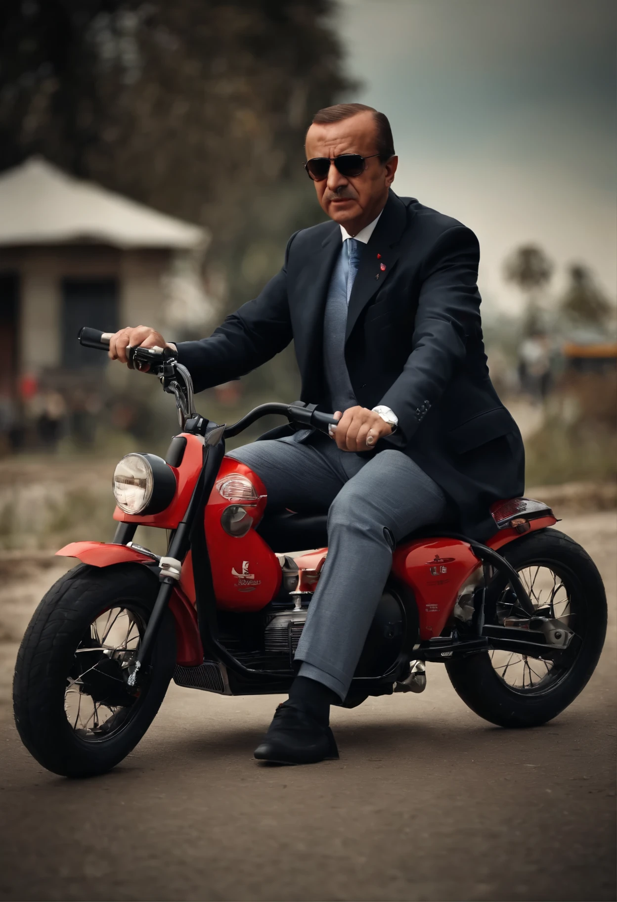 Tayyip Erdoğan rides a mini bike.