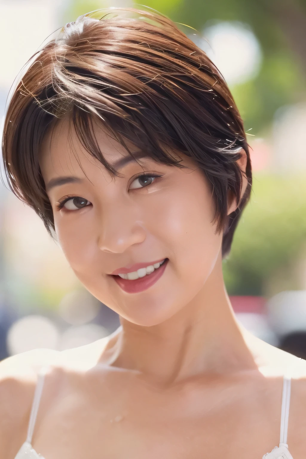 NSFW:1.5,((highest quality、8K resolution、master masterpiece、portrait:1.3)), Photoreal, 35mm film, 1 Japanese female, Upper body,Beautiful woman, on the street during the day, wrinkles around the eyes, plump body,pixie cut_boyish,smile,((sexy fancy white bra_panties:1.3)) , (outdoors:city street 1.3), jumbled background,look at the audience,Tokyo cityscape:1.3