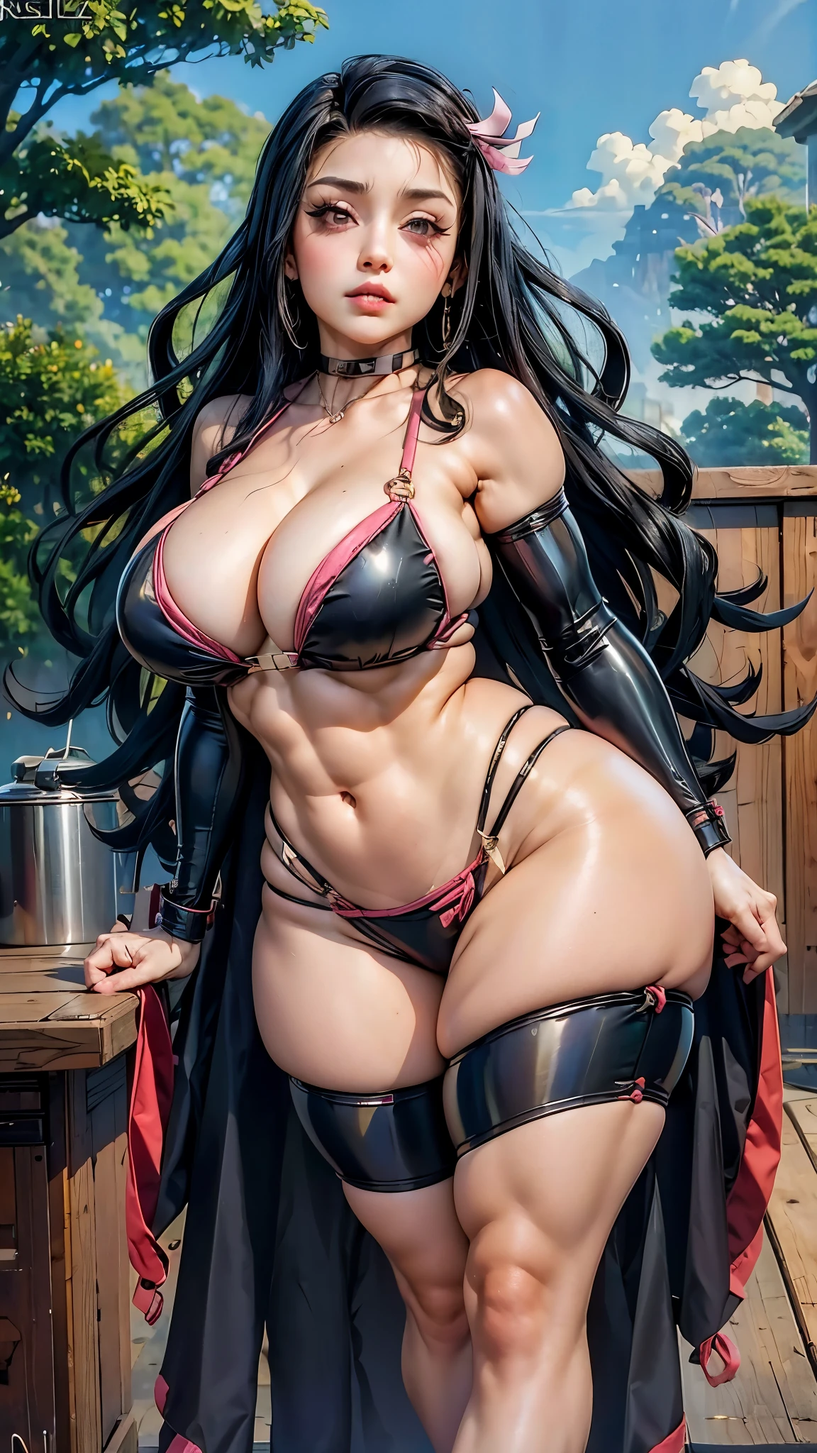 (masterpiece:1.4),(best quality:1.4),(absurdres:1.4),pin-up,	>,Poison_long_hair_aiwaifu,	Poison_long_hair_aiwaifu,spiked hair,hat,big_hair ,very_long_hair,large_breasts,pink_hair,big_hair,peaked_cap,denim_shorts,cuffs,handcuffs,blue_shorts,tank_top,cleavage,short_shorts,makeup,chain,collar,riding_crop,lipstick,navel,abs,bracelet,choker,studded_collar,muscular_female,cutoffs,bangle,strap_slip,covered_nipples,open_fly,crop_top,thick_thighs,midriff,chained,collarbone,belt_collar,poison_(final_fight),		(absurdres, highres, incredibly_absurdres:1.4),scenery,masterpiece,