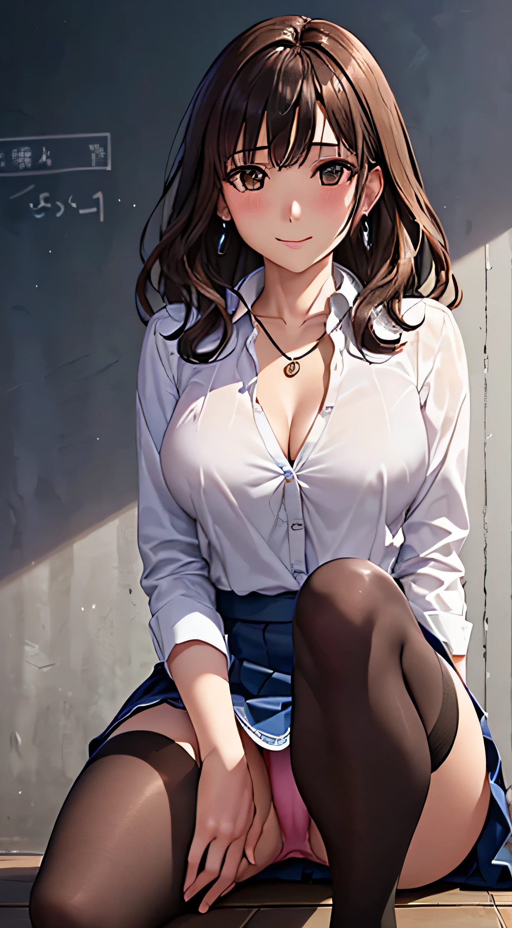 (table top, highest quality, High resolution, , perfect pixel, 4k,), 1 girl, single, alone, Beautiful woman、I could see the whole body、 ((wavy mid hair, bangs, brown hair)), ((brown eyes, beautiful eyelashes, realistic eyes)), ((detailed face, blush:1.2)), ((smooth texture:0.75, realistic texture:0.65, realistic:1.1, Anime CG style)), medium breasts, dynamic angle, perfect body, ((, female teacher, , earrings、necklace、white shirt with collar、Shirts without buttons、Dark blue flared skirt、black knee high stockings、open both legs wide、、shy smile、Sit on the floor、leaning forward)), Upper grade、、、evening、、(You can see the white and red lace panties and bra、、(Bring your chest and arms together、Lift up your skirt and show your panties、The wind blows up my skirt)、angle from below)、
