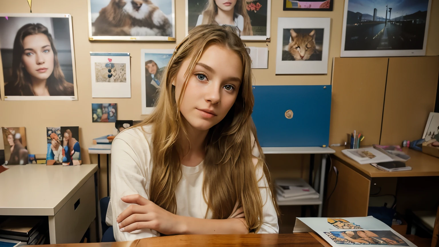 Real photo, Kodak 400 quality. Facing the camera sits, Young beautiful slender 20-year-old girl, long hair, blonde, blue eyes, nose slightly up, sits at a table in the studio room, the table office, in the background on the wall hangs a lot of posters with cats, kittens.