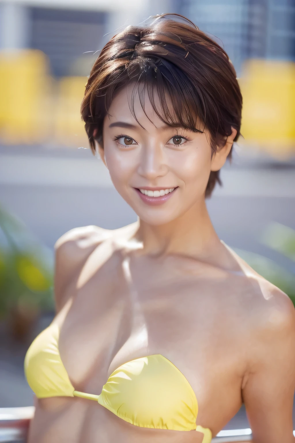 NSFW:1.5,((highest quality、8K resolution、master masterpiece、portrait:1.3)), Photoreal, 35mm film, 1 Japanese female, Upper body,Beautiful woman, on the street during the day, wrinkles around the eyes, plump body,pixie cut_boyish,smile,((Sexy yellow micro bikini:1.3)) , (outdoors:city street 1.3), jumbled background,look at the audience,Tokyo cityscape:1.3