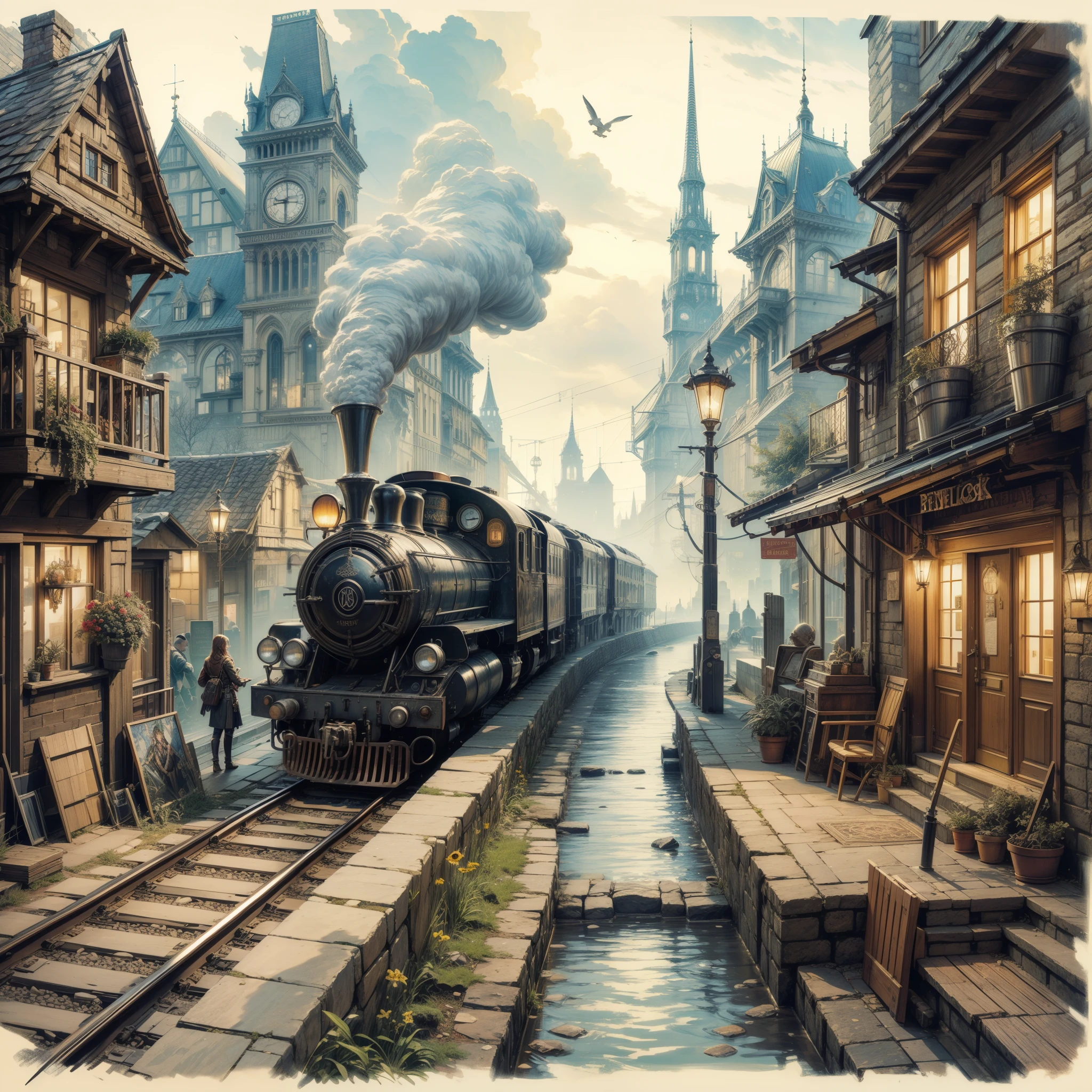 ((Meisterwerk, high quality, artgerm, artstation)),intricate ultra detailliert,Painting of a train, driving down a narrow street next to a building, detaillierte Steampunk-Illustration, viktorianische Stadt, Blick auf die viktorianische Steampunk-Stadt, a beautiful work of art illustration, im Steampunk-Stadtbild, Viktorianische Steampunk-Megastadt, A busy, magische Stadt, steampunk city, Fantasiestadt, Fantasy-viktorianische Kunst, beautiful work of art, Beautiful digital artwork, sehr detaillierte digitale Kunstwerke, stilisiertes urbanes Fantasy-Kunstwerk