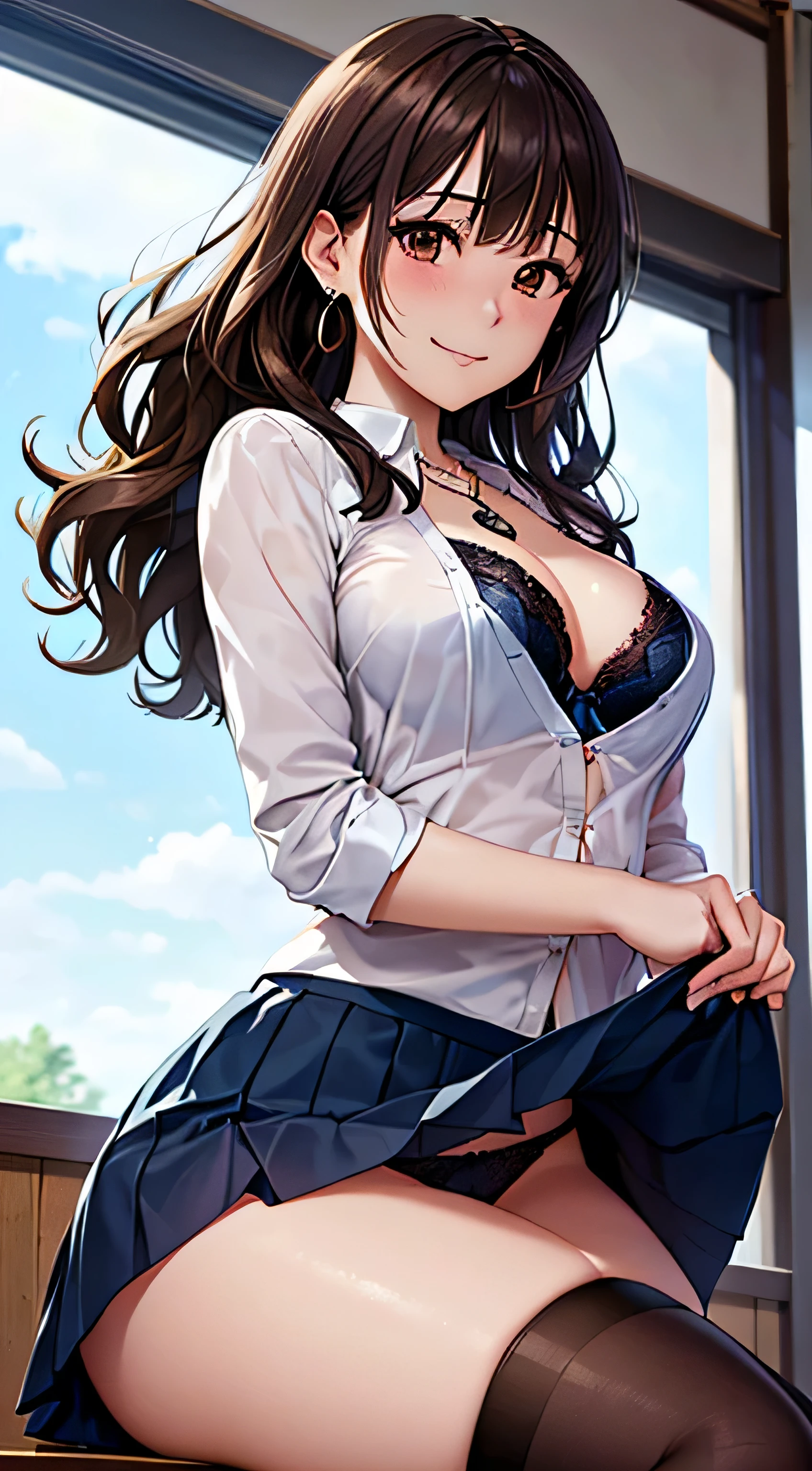 (table top, highest quality, High resolution, , perfect pixel, 4k,), 1 girl, single, alone, Beautiful woman、I could see the whole body、 ((wavy mid hair, bangs, brown hair)), ((brown eyes, beautiful eyelashes, realistic eyes)), ((detailed face, blush:1.2)), ((smooth texture:0.75, realistic texture:0.65, realistic:1.1, Anime CG style)), medium breasts, dynamic angle, perfect body, ((, female teacher, , earrings、necklace、white shirt with collar、Shirts without buttons、Dark blue flared skirt、black knee high stockings、open both legs wide、、shy smile、Sit on the floor、leaning forward)), Upper 、、、evening、、(You can see the blue and red lace panties and bra、、(Bring your chest and arms together、Lift up your skirt and show your panties、The wind blows up my skirt)、angle from below)、