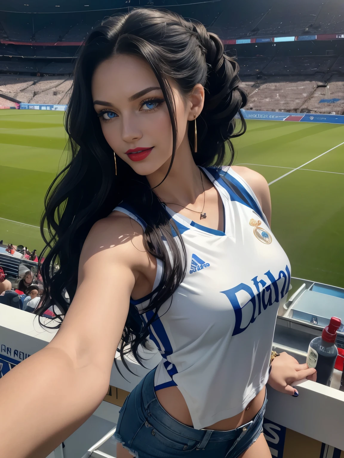 Caucasian woman; black hair, wavy hair, long hair, hair parted in the middle, hair up; blue eyes, ((lined eyes)), ((highlight blue eyes)), bright eyes; ((red lipstick)), makeup; smile, athletic body, (medium breasts), (nipples); ((real Madrid jersey)); denim shorts, earrings, necklace, bracelets; high quality, artistic shot, light highlights body; in stands of a soccer stadium, behind you can see the soccer field, front view, selfie, shot from above.