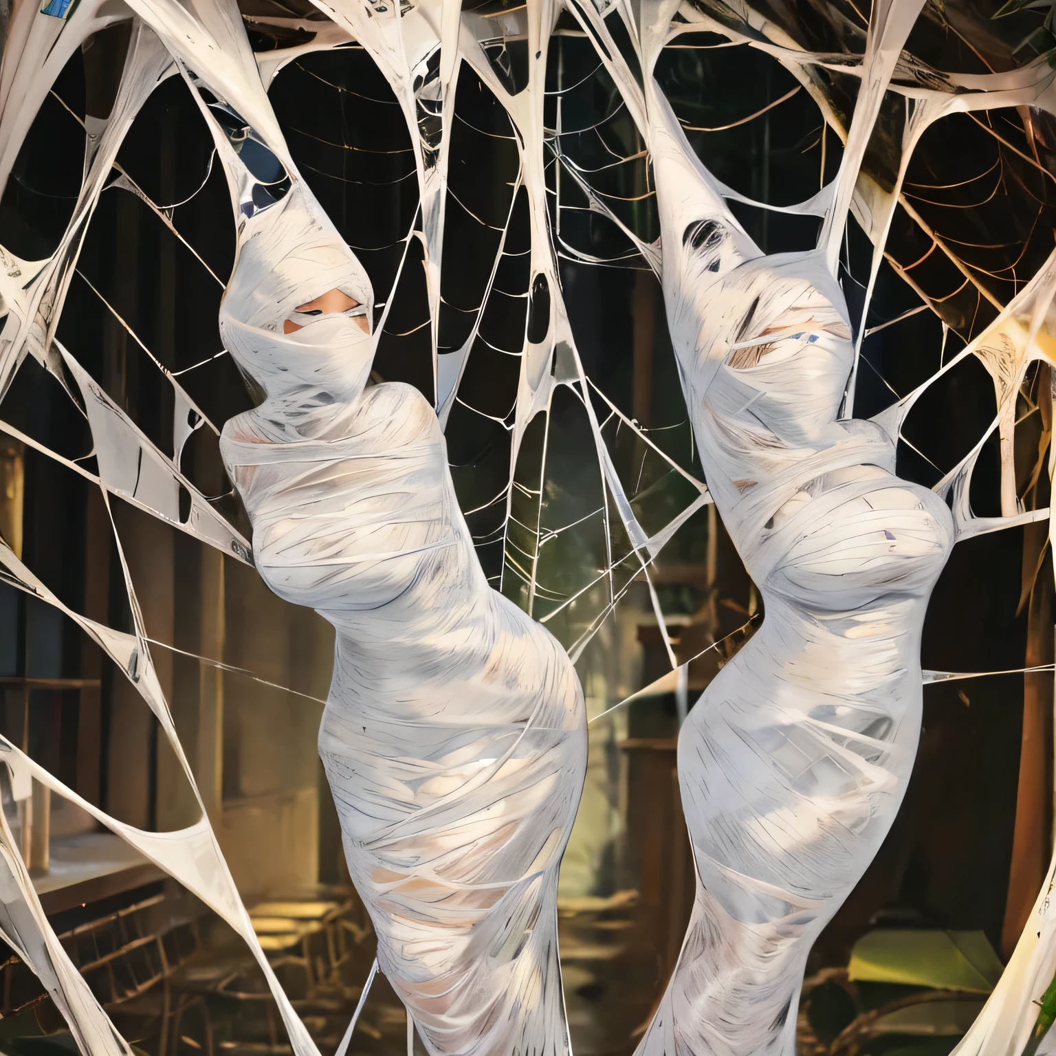 a girl entangled in the spider web, struggle, detailed classroom, (cocoon:1.3), spider web, hanging, spider in the web, spider