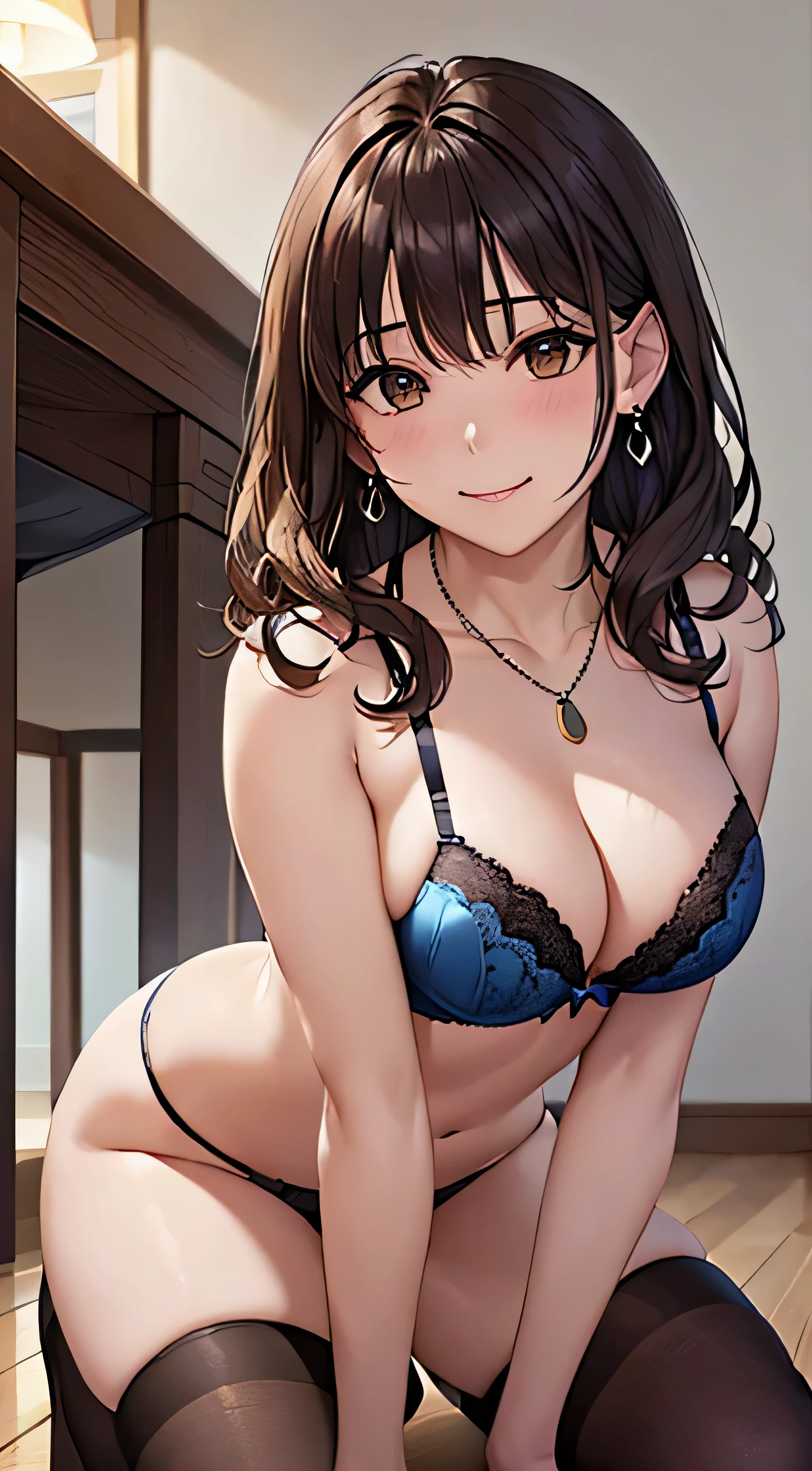 (table top, highest quality, High resolution, , perfect pixel, 4k,), 1 girl, single, alone, Beautiful woman、I could see the whole body、 ((Wavy mid-hair, bangs, brown hair)), ((brown eyes, beautiful eyelashes, realistic eyes)), ((detailed face, blush:1.2)), ((smooth texture:0.75, realistic texture:0.65, realistic:1.1, Anime CG style)), medium breasts, dynamic angle, perfect body, ((, female teacher, , earrings、necklace、white shirt with collar、Shirts without buttons、black knee high stockings、open both legs wide、、shy smile、Sit on the floor、leaning forward)), Upper grade、、、evening、、(You can see the yellow and light blue lace panties and bra.、、(Bring your chest and arms together、)、angle from below)、
