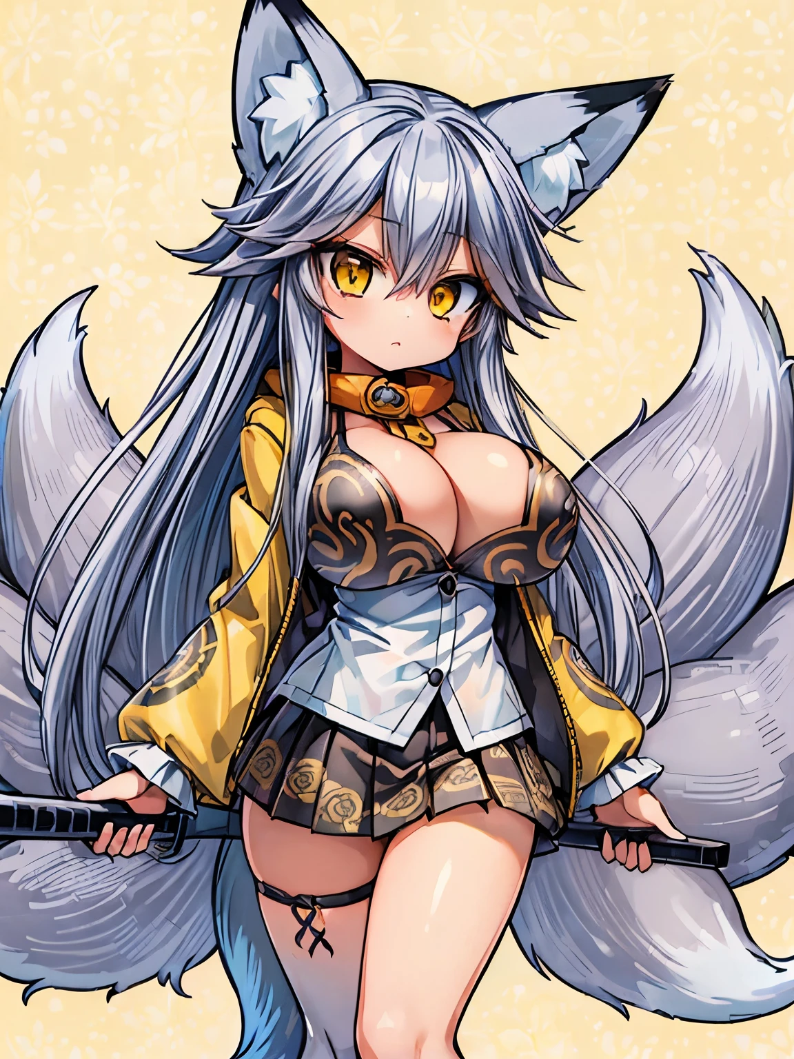 (fox kemono young girl:1.5), (silver long hair yellow eyes:1.1), (flower pattern jacket:1.1), (tattoo miniskirt:1.1), (huge tits:1.2), (solo:1.2), (weapon:1.1)