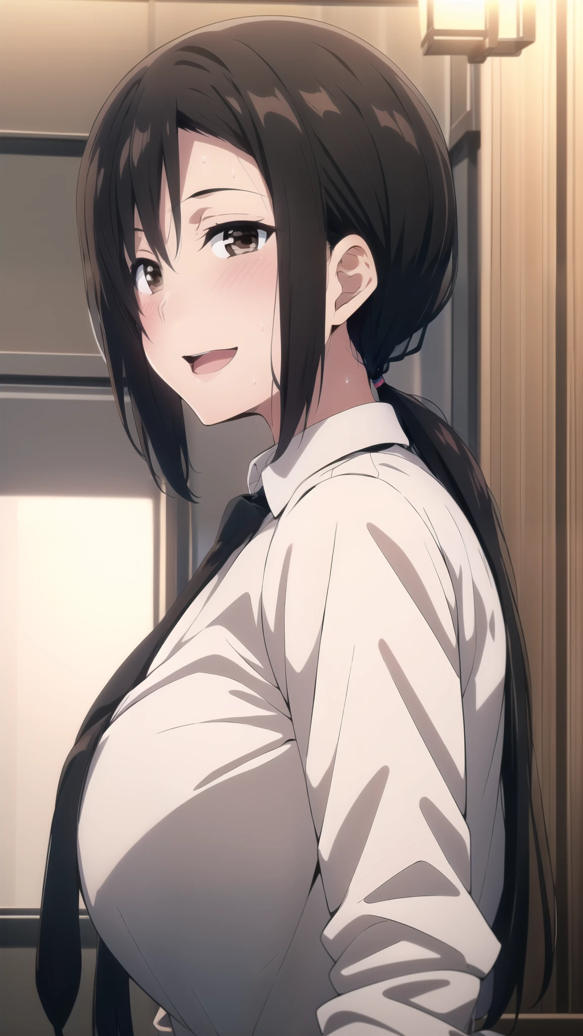 master piece, 1girl, solo, makima cosplay ,long hair, low ponytail , black necktie,  looking at viewer, blush, open mouth, huge breasts, happy, black hair,  (brown eyes) , upper body, sweat, looking back, indoors, from behind, white shirt, detailed eyes, (best quality) 
