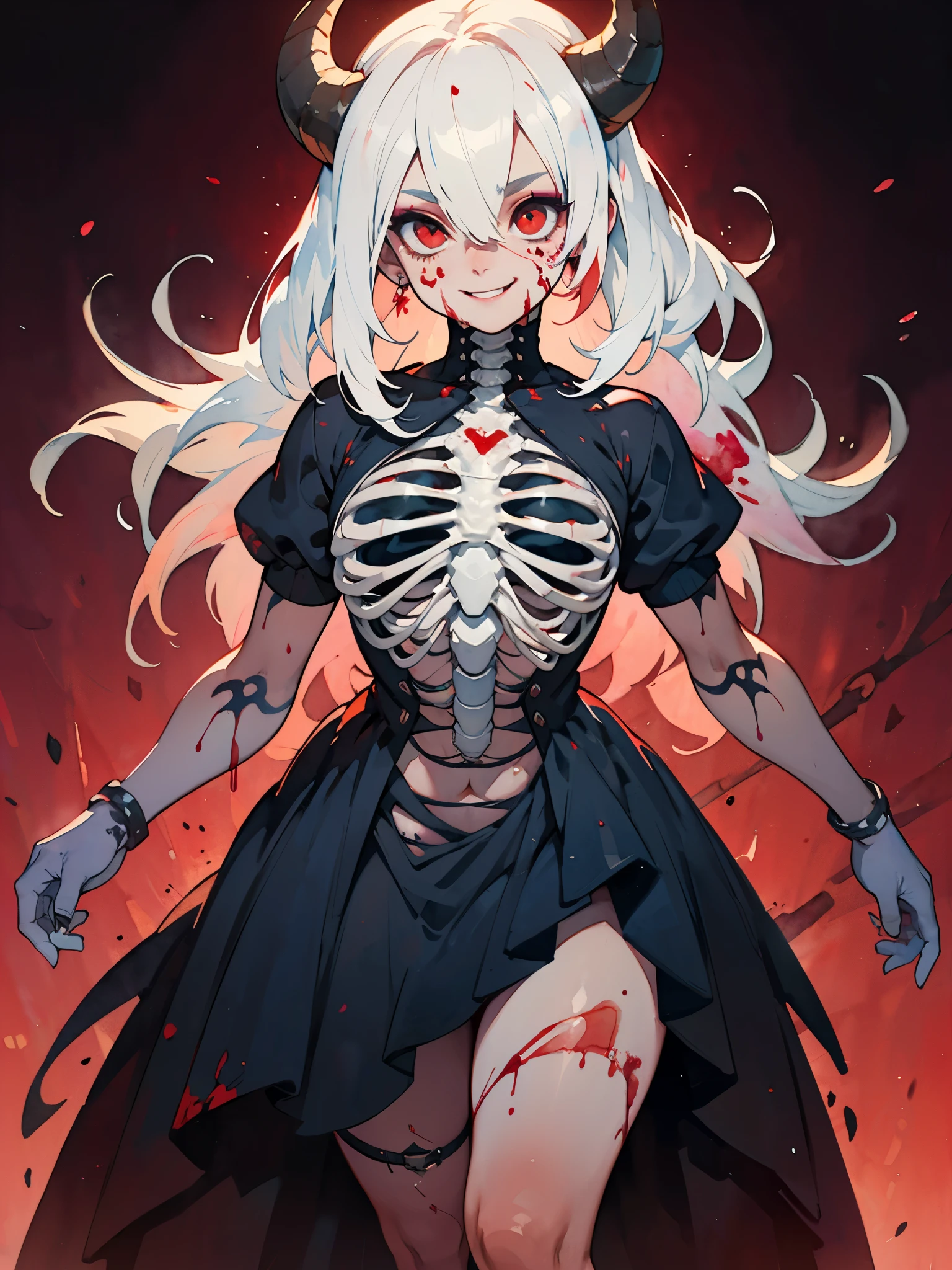 Masterpiece, Hyper detailed, Best quality, UHD, Ultra high resolution, (16K), (((Watercolor))), ((anatomically correct)), 1 woman, Horror smile Expression, ((Hyper detailed Blood dress, ribcage, skeleton, eye on stomach)), Beautiful face, Busty, Curvy, (Hyper detailed eyes, Red eyes), Longeyelashes, Jewellery, Makeup, Facepaint, Horns, ((Long Hair, White Hair, straight hair)), {{{Dark Lighting}}}, ((Horror setting, Gore, blood splatter, Blood)), AGGA_ST009