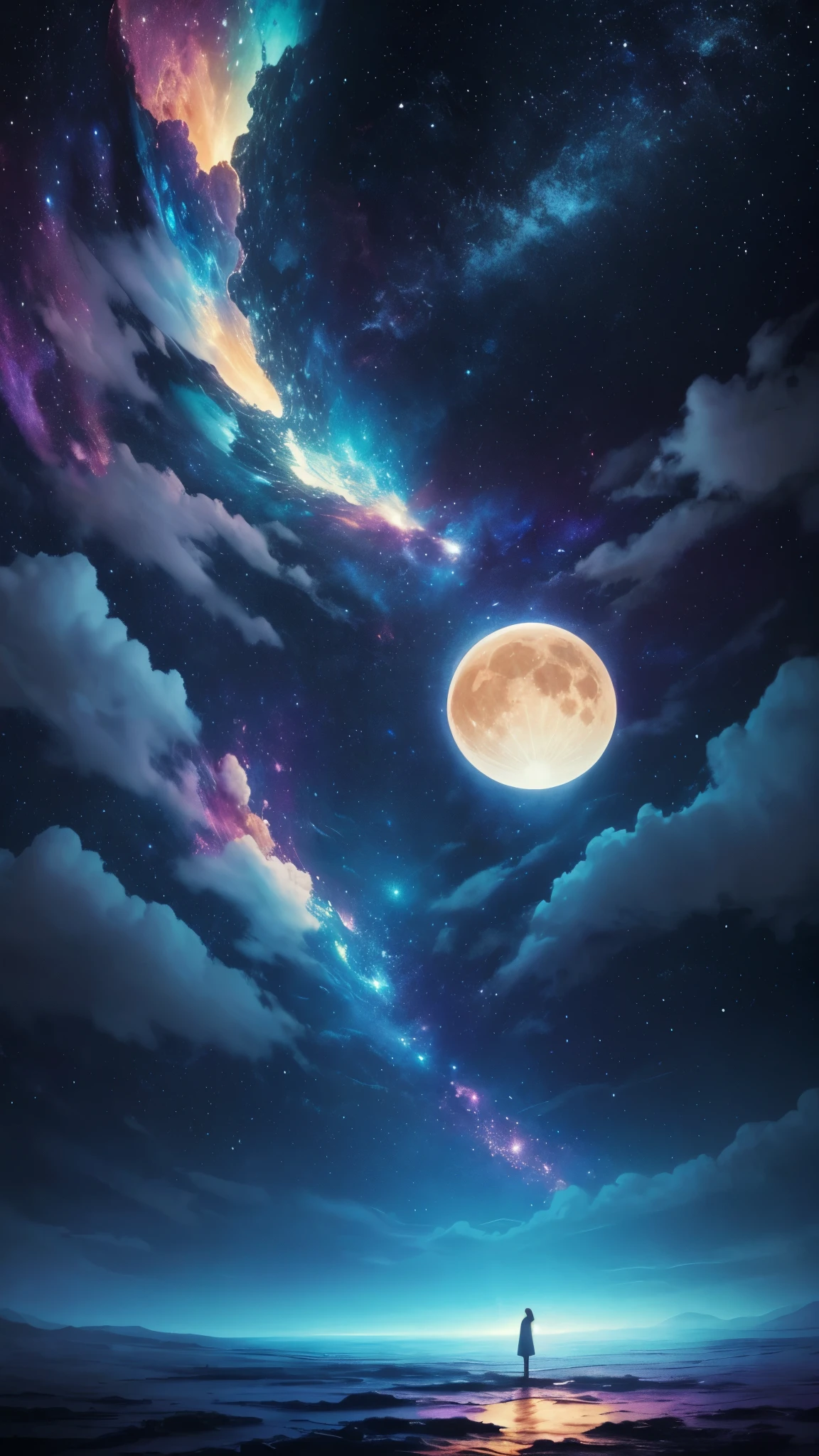 Create a unique painting, inspired by “Celestial Dreams”.,&#39;, which combines cosmic images and dreamy landscapes to create a surreal masterpiece, sehr symmetrisch, runder Mond