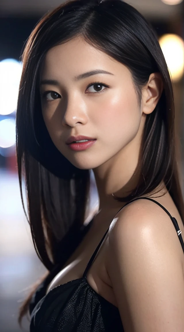 dark and gloomy, 8k, Close-up of a 30 year old brunette Brazilian businessman on dark background at night, (Real dark brown hair is straight、there are waves of light) , compensate, red lips, brown eyes, (black lingerie), look confident, surreal, {A girl with very beautiful olive skin},  (highly detailed skin: 1.2) {{{masterpiece}}}, realistic texture, dynamic composition, Fujifilm XT2, 85mm F1.2, shutter speed 1/80, (Bokeh), high contrast、