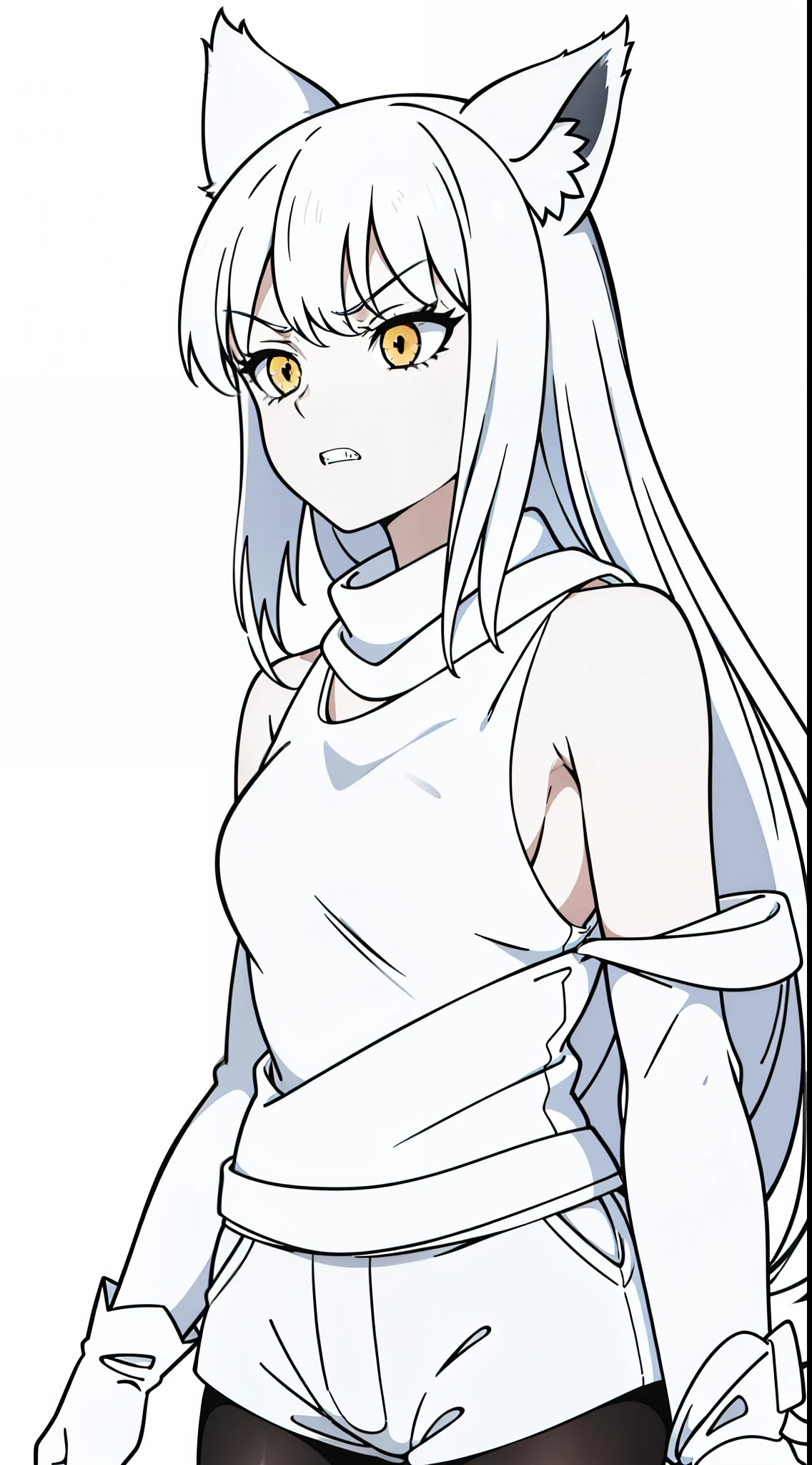 (1girl,20 years old,mature female),solo,white hair,fox ears,(white background,line drawing),upper body,white tank top,white shorts,white high pantyhose,white scarf,white gloves,bare belly,long hair,angry,teeth,sharp teeth