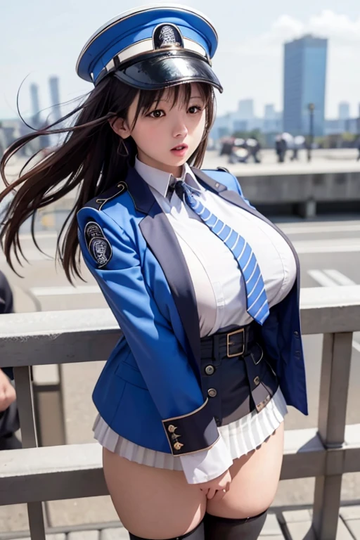 , , bursting breasts, breasts, big breasts, ,(huge breasts),,gigantic breasts,,NSFW, embarrassing,, narrow eyes, suspicious ,,NSFW, goddess of victory: Nikke, Diesel \(nikke\), 1 girl, solo, standing, brown eyes, large breast, long lack hair, bangs, sidelocks, military uniform, blue military peaked cap, open blue military jacket on shoulders, white collared shirt, blue striped necktie, white pleated skirt, white gloves, black boots, thigh strap, more_details:1.5,、,( tokyo station back ground :1.3),, ,( The wind is blowing :1.3),、　Panty shot、 shot, ,(Low - Angle:1.3),、, looking at viewer, surprised expression、　hold the skirt with one&#39;s hands