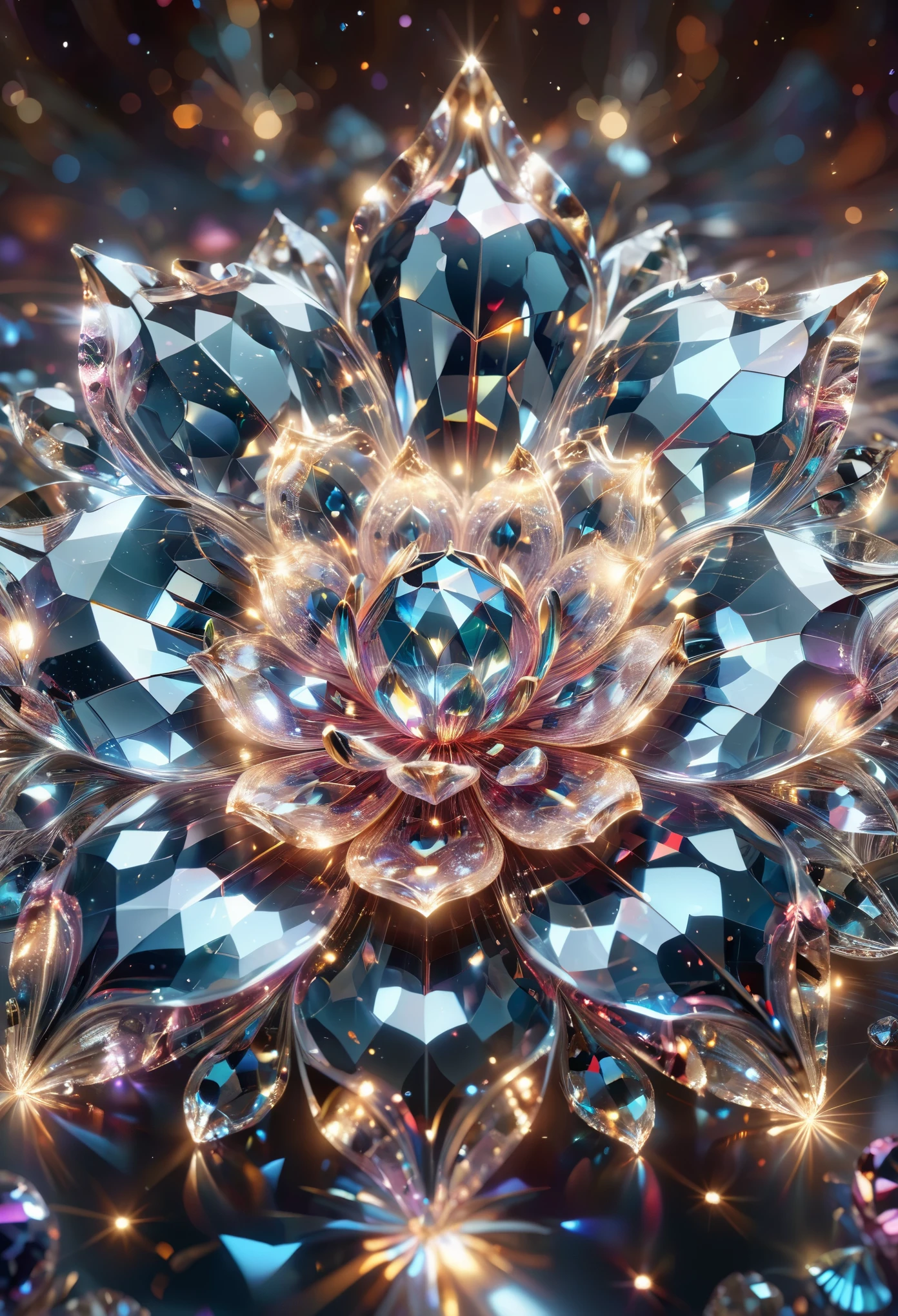 there is a very large flower that is surrounded by many crystals, digital art inspired by Johfra Bosschart, trending on Artstation, metaphysical painting, 4k highly detailed digital art, made of crystalized synapse, shards and fractal of infinity, intricate digital painting, ray tracing. fractal crystal, 4k detailed digital art, beautiful digital artwork